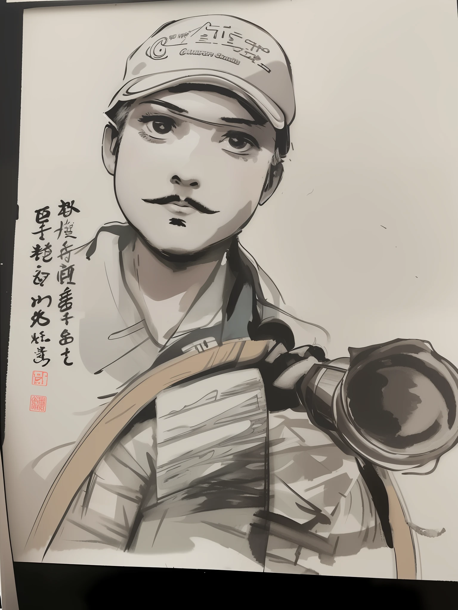 arafed drawing of a man holding a camera and a hat, by Ni Zan, chinese artist, inspired by Huang Binhong, by Dong Qichang, by Luo Zhichuan, inspired by Cui Zizhong, by Shen Quan, by Li Zai, by Zhang Sengyao, inspired by Luo Zhichuan, by Cao Zhibai