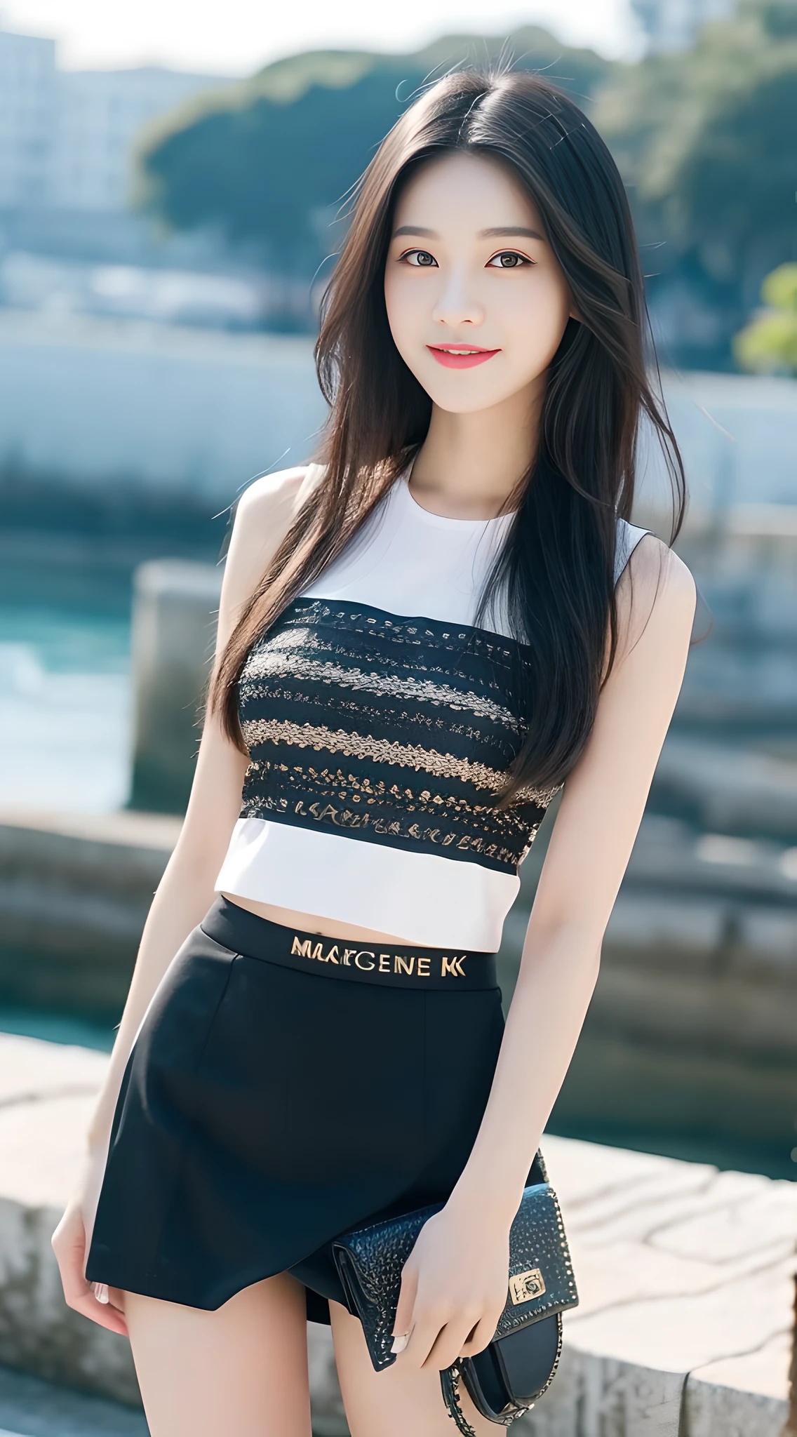 ((Best Quality, 8k, Masterpiece: 1.3)), 1 girl, smile, full body, slim face, pretty woman, (black hair), short skirt :1.1, super detailed face, detailed eyes, double eyelids, blurred background, slim face, outside, seaside,