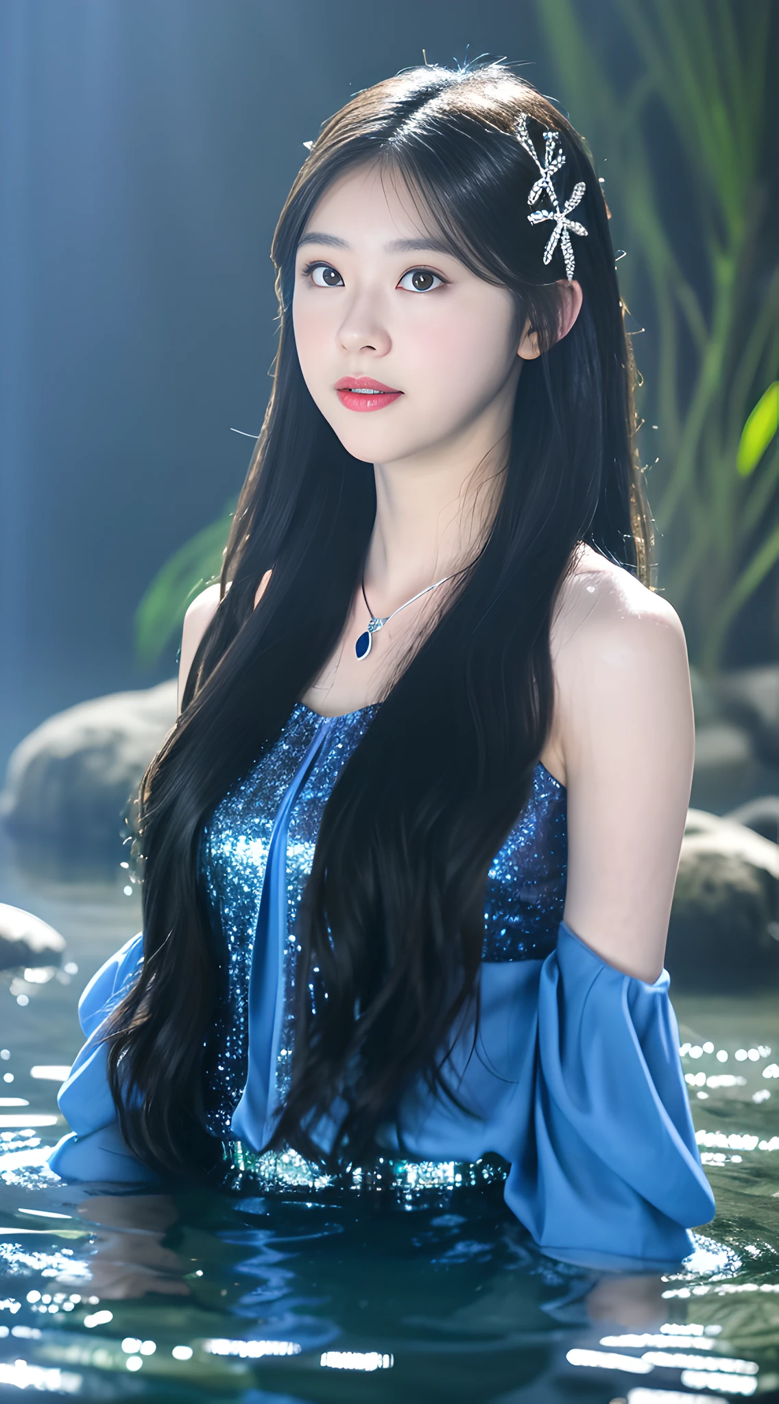 A pair of watery big eyes, loving pupils, [shy], long hair, master works, best picture quality, super high resolution, higher quality, beautiful girls, women, heart-shaped hair accessories, 8k resolution, hot girls, students, beautiful eyes, blush, thin shoulder straps, dusk, oasis ((waterfall characters in water)), magic ring, volumetric light, cinematic lighting, natural light.
Snow Moon Law Moon Girl Light Shoulders, Solo, Crystal Clear Water Splash Perfect Reflection, Eyebrow Pattern, Beautiful Black Eyes, Floating Water Splash, Black Water Droplet, Beautiful Glow, Best Quality, Illustration, Masterpiece, Best Production, Best Quality, Highly Detailed, Extremely Detailed CG, Lighting, Cute, Tyndall Effect, Burning Splash Wrapped, Light Shoulders, Depth of Field, Black Water, Super Moe, Shining, Beautiful
The, delicate facial features, cute, black water particle special effects, dreamy, floating
Black glowing particles, burning hair, necklace
((Masterpiece)), ((Highest Quality)), exquisite CG, blue-purple tone, sweet