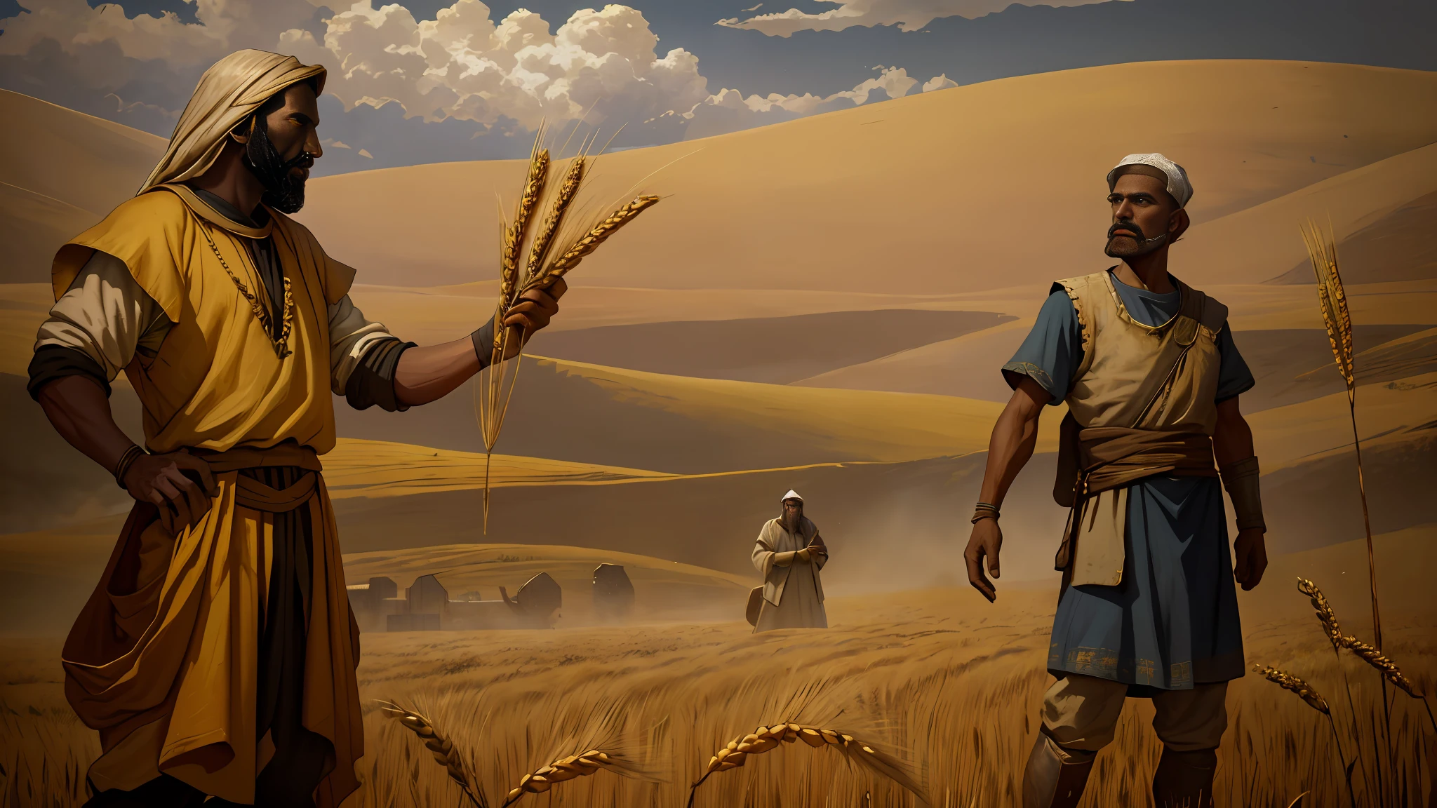 Oil painting, there is a man standing with a chaff in one hand in the field checking the wheat crop, there is another man talking to him, epic biblical representation, 8k uhd, cinematic lighting, high quality, --s2