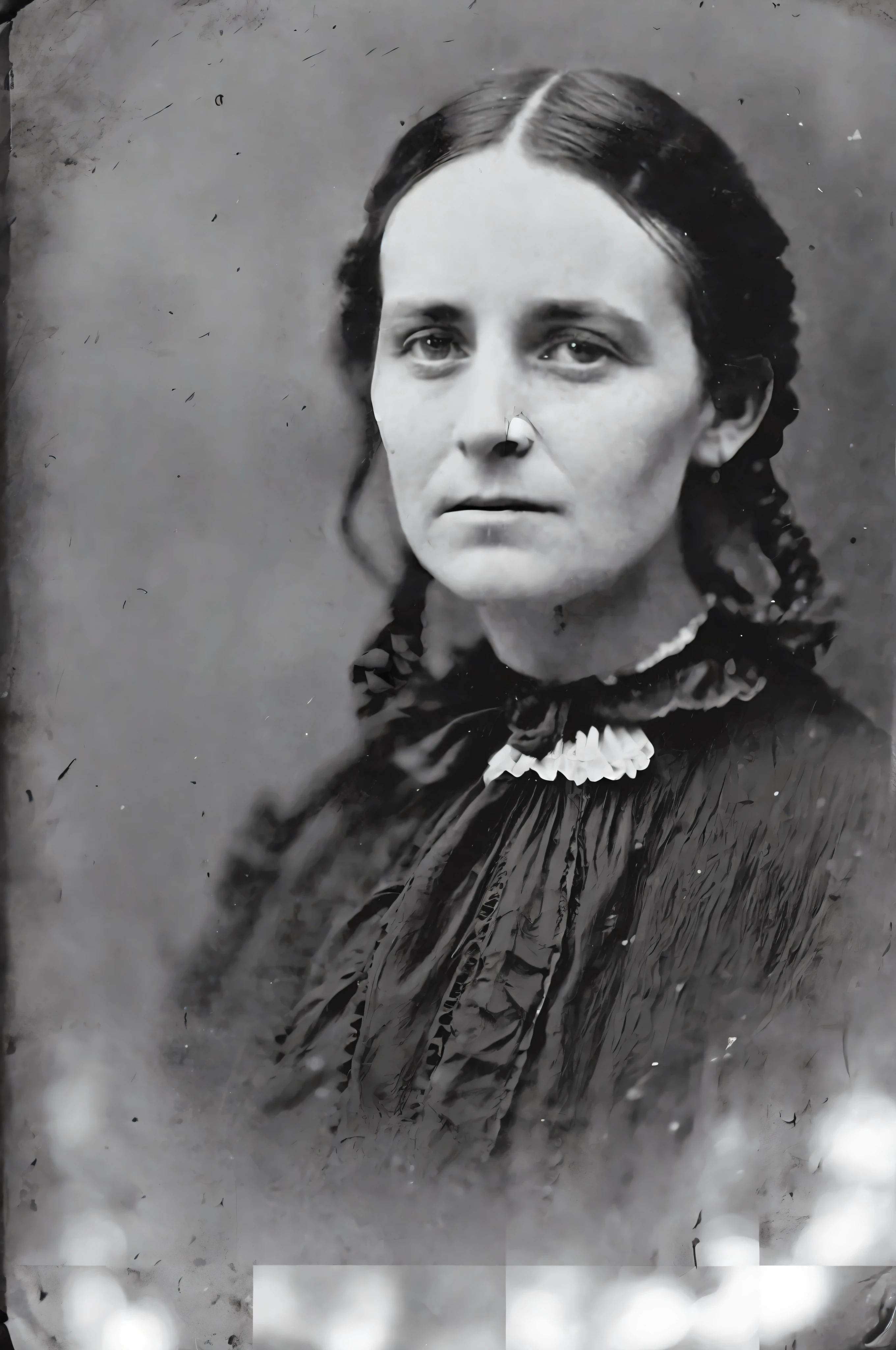 "photo of a 35-year-old woman, with 1870s dress and hairstyles, sad and penetrating look, thin, sick, photorealistic, (Lomography Lady Grey:0.95), (black and white photograph:1.1), Victorian scene, strong winter light, melancholy atmosphere".