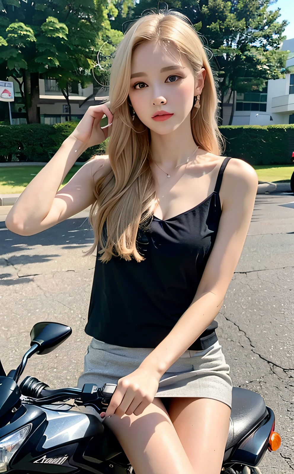 a girl sits on a motorcycle, in a light blouse and a short skirt, (vertical challenge), full body, (best quality: 1.0), (ultra high definition: 1.0), (beautiful girl: 1.4), platinum blonde hair, (masterpiece), (photorealistic: 1.3 ), Ultra Detail, (High Skin Detail: 1.2), (Best Quality: 1.0), (Ultra High Definition: 1.0), (Masterpiece), (Photorealistic: 1.3), Super Detail, (High Skin Detail: 1.2), (Best: 1.0), (Super Slim: 1.0), (Delicate face)
