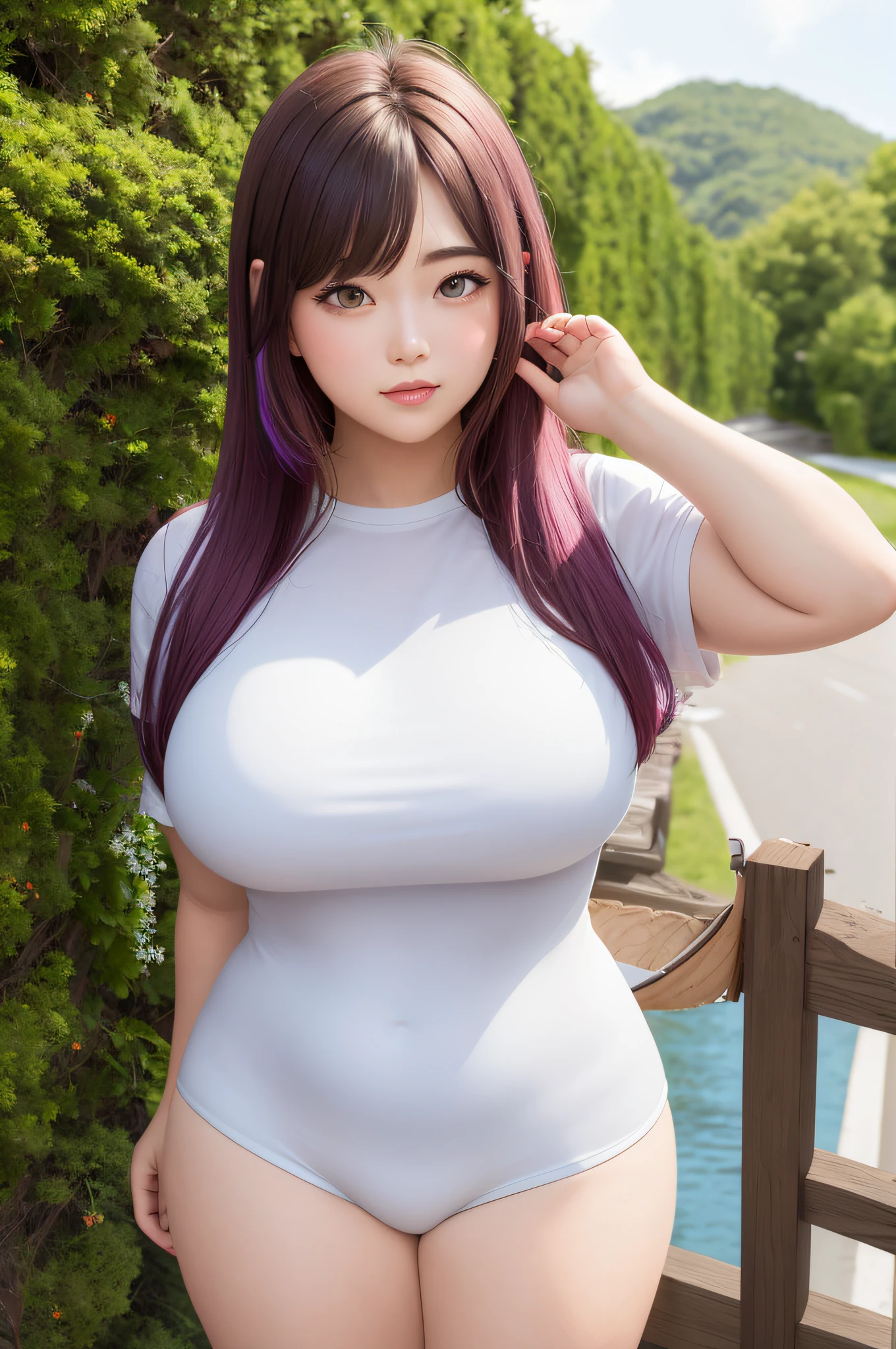 ((masterpiece)), better quality, great highlights of the upper body, light spring clothes, colorful hair, outdoor landscape, slightly chubby thighs, start with confident and attractive poses.