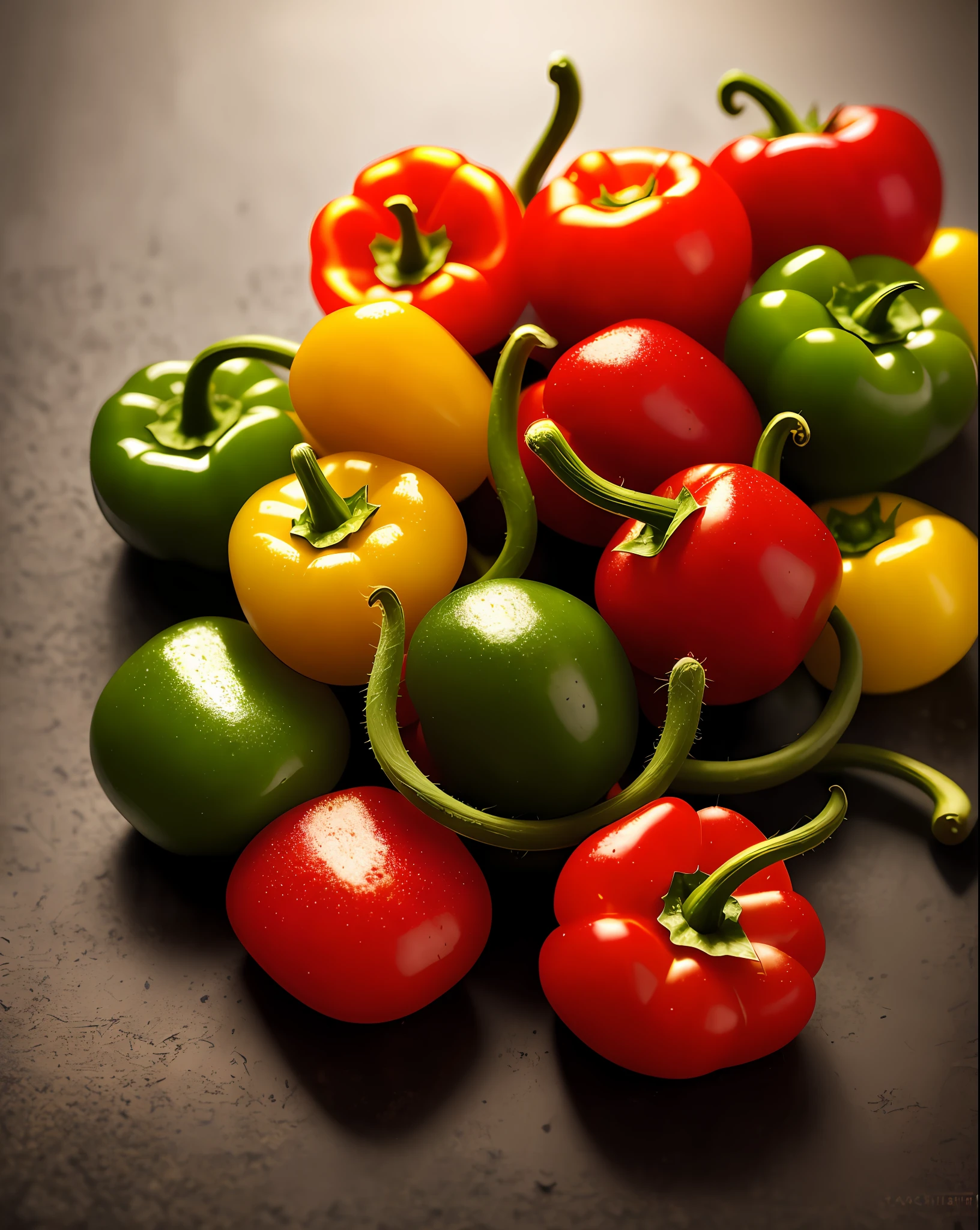 A porthait of tomatoes and peppers, cinematics, edge light, 4k textures, soft cinematic light, adobe lightroom, photolab, hdr, highly detailed, sharp focus, relaxing tones, hyperdetailed, low contrast, soft cinematic light, exposure mix, hdr,