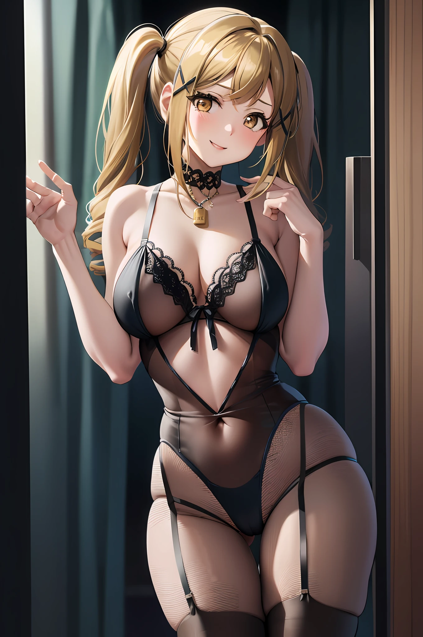 Arisa ichigaya, x hair ornament, twintails, sexy body, naked, (see-through lingerie), large breasts, thighs, full shot, smiling, standing, erotic pose