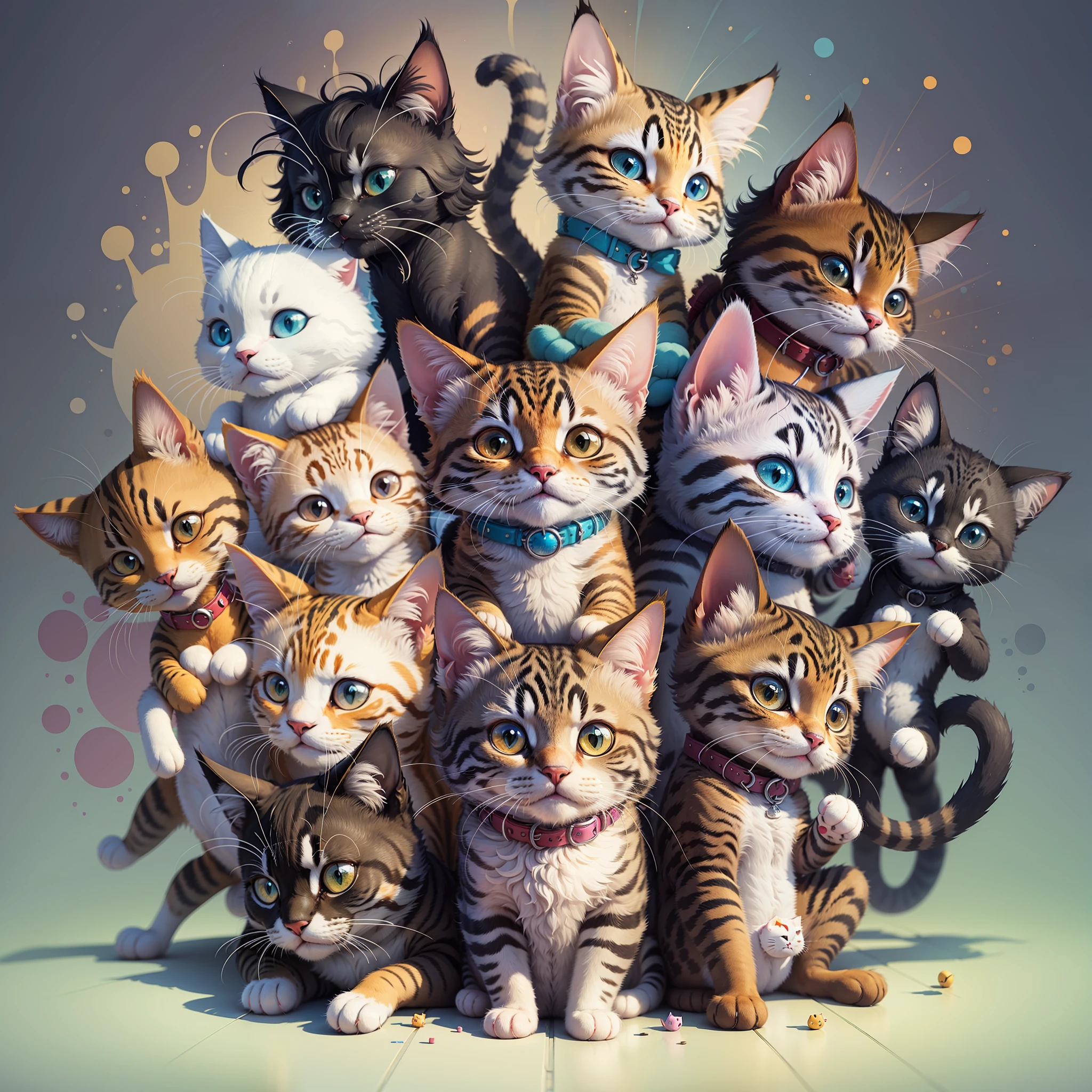 a cat cartoon character with 20 different positions, colorful, --v 5 --s 750 --auto --s2