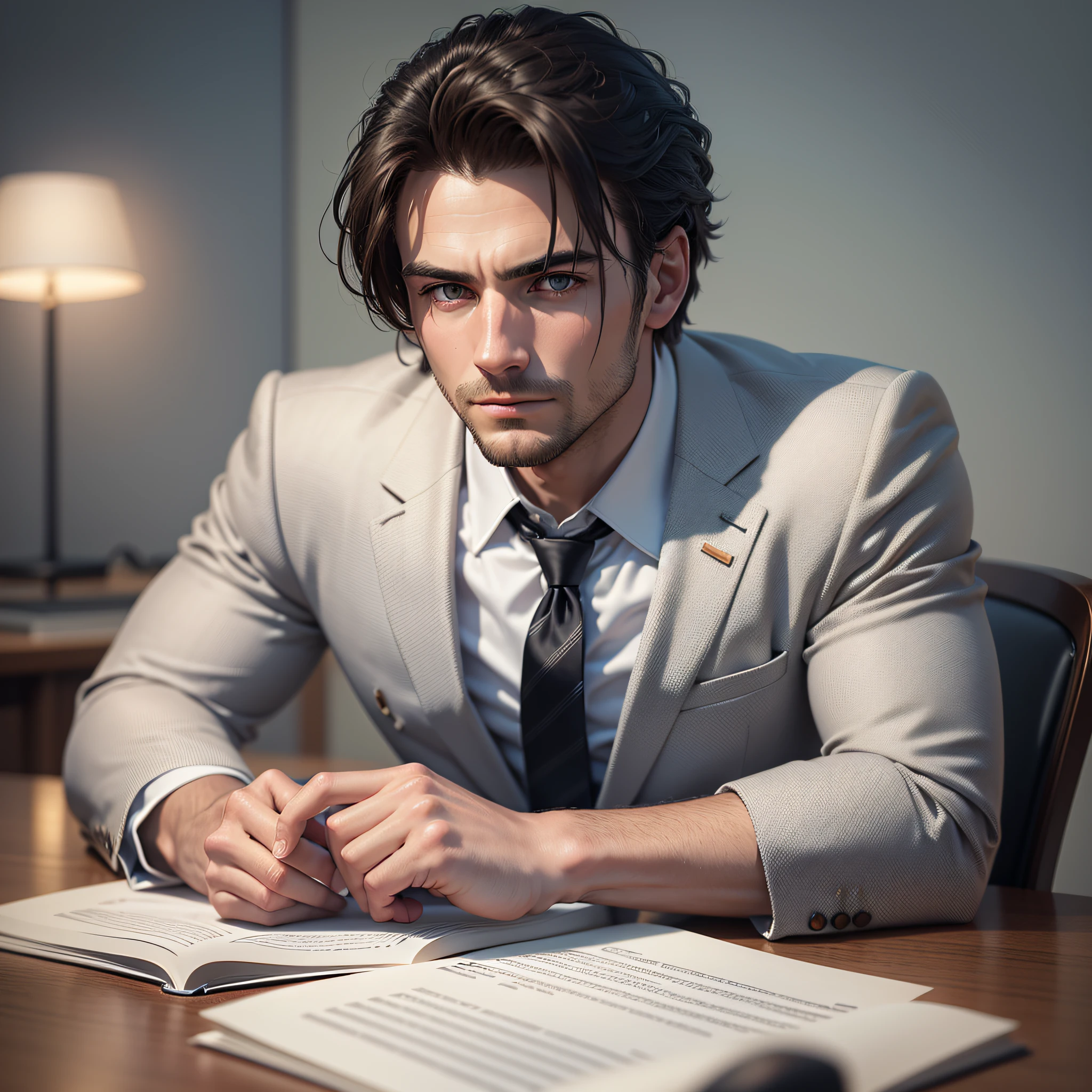 Portrait of a Man with 30-year-old cropped hair in suit and tie sitting on a Black Leather Chair, Office, body and head straight in the photo and facing the viewer of the photo, Office, eyes staring at the lens, appear shoulders and head in the photo, man centered in the photo, blurred background, both hands on the table, open book on the table, 8k, best quality, masterpiece, realistic, realistic photo, movie photo, ultra realistic, 1 person, detailed, perfect lighting, DSRL, professional photo, 4k. --auto --s2