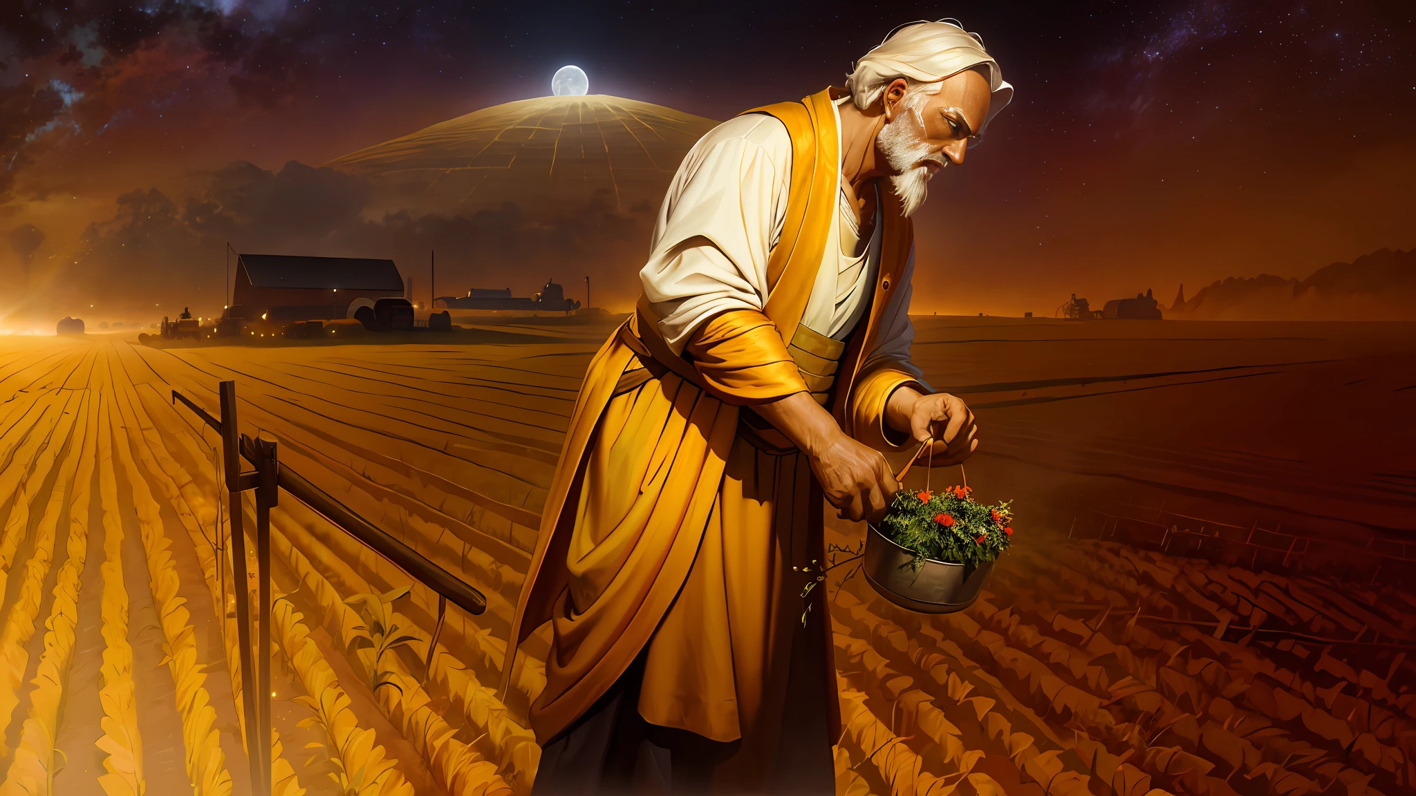 Oil painting, there is a man in a robe, farmer sowing tares in the field at night, epic biblical representation, 8k uhd, cinematic lighting, high quality, --s2