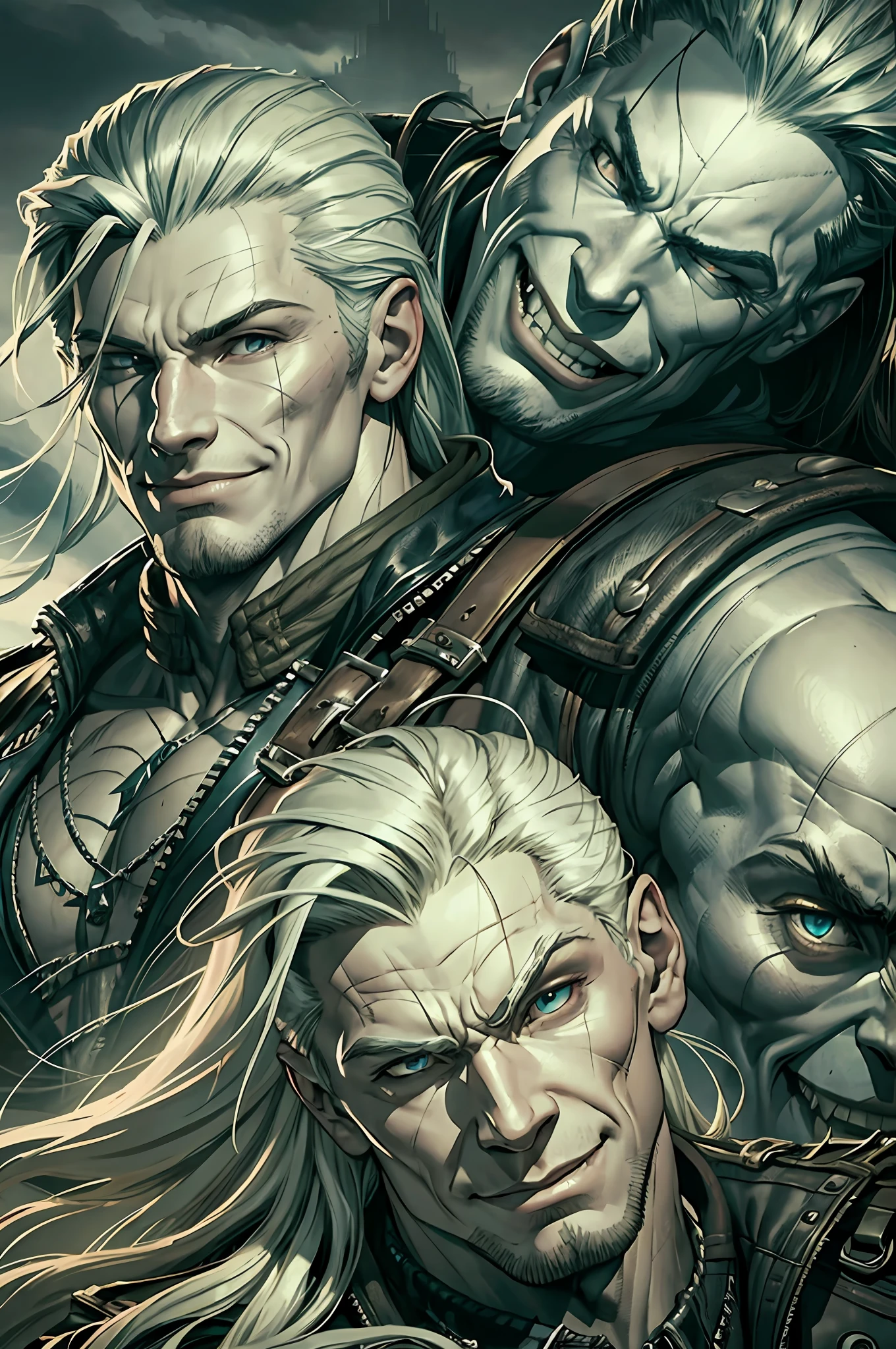 Brigadoe, smiling, muscular, biker, jacket, teasing opponent, ironic face, young, albino skin, sephiroth face --auto --s2