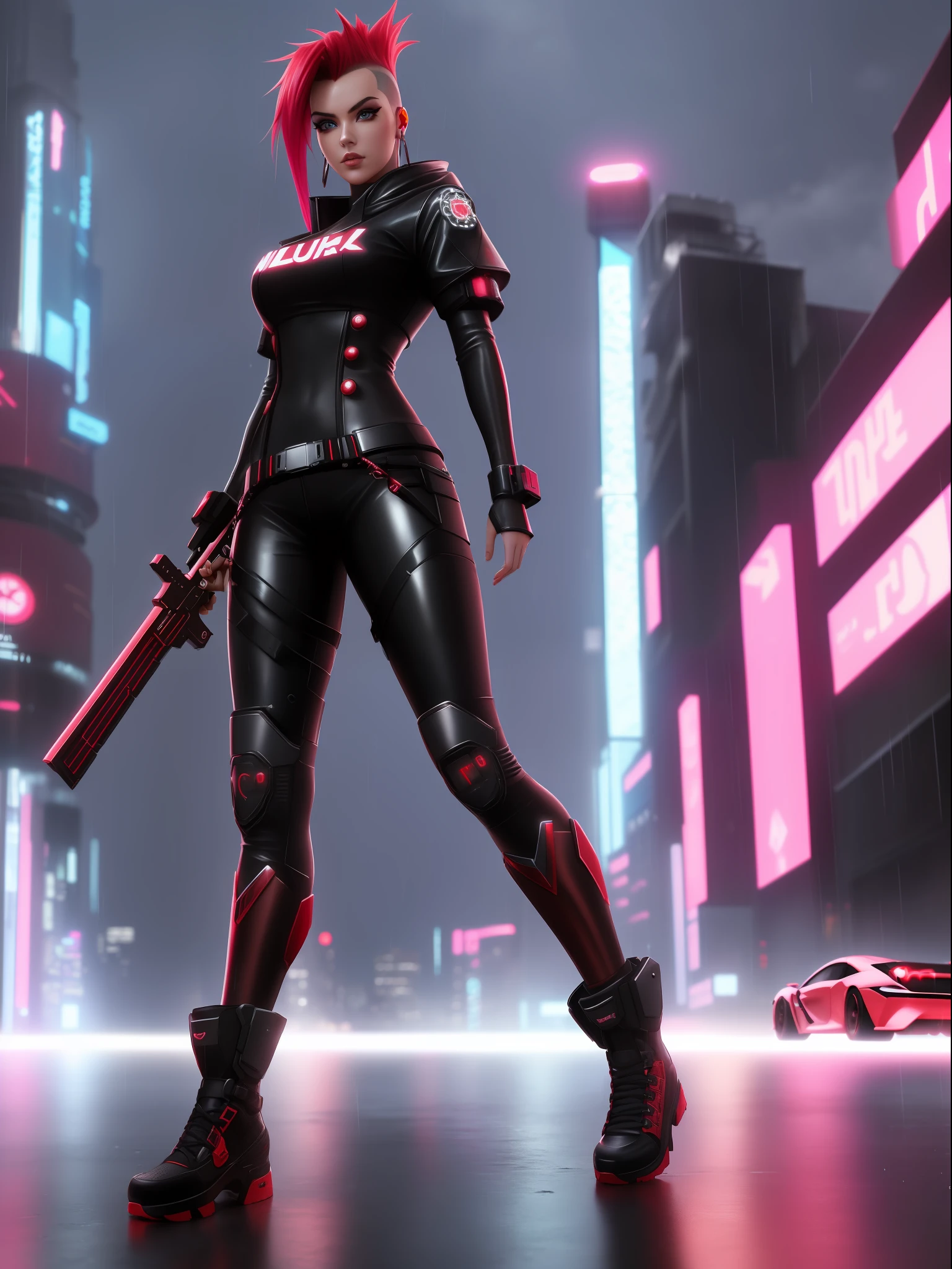 (full body photo:1.59), (A Kawaii Woman:1.5), (wearing cyberpunk red metal+ultra realistic metal outfit:1.5), (she's in a futuristic city with lots of flying cars+at night+raining hard:1.5), (she has mohawk hair roza:1.3), (she has blue eyes:1.3), (she's holding futuristic weapons+sorting+staring at the viewer+posing with futuristic weapons:1.5), Hyperrealism, 16k, best quality, high details, UHD