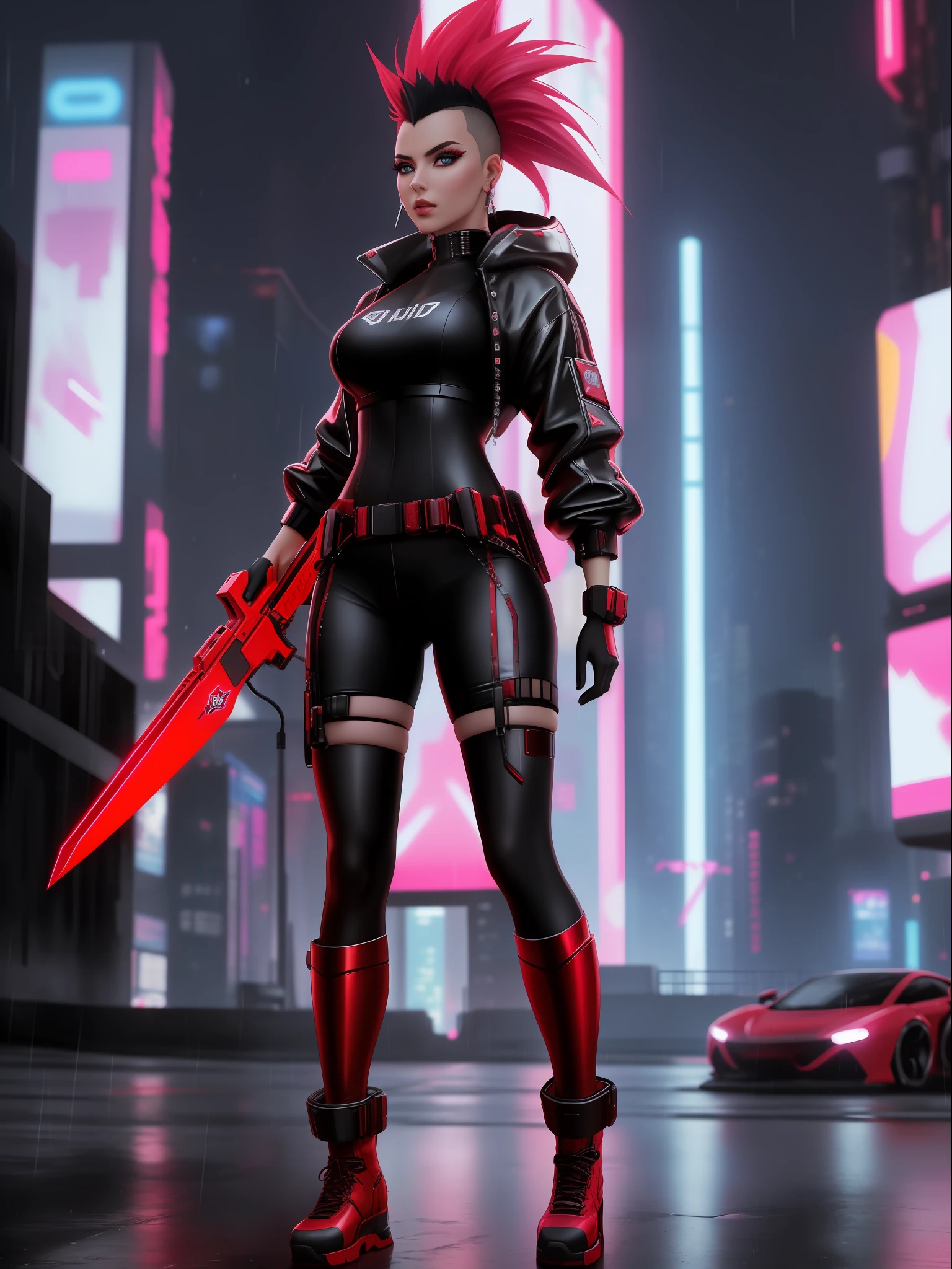 (full body photo:1.59), (A Kawaii Woman:1.5), (wearing cyberpunk red metal+ultra realistic metal outfit:1.5), (she's in a futuristic city with lots of flying cars+at night+raining hard:1.5), (she has mohawk hair roza:1.3), (she has blue eyes:1.3), (she's holding futuristic weapons+sorting+staring at the viewer+posing with futuristic weapons:1.5),  Hyperrealism, 16k, best quality, high details, UHD