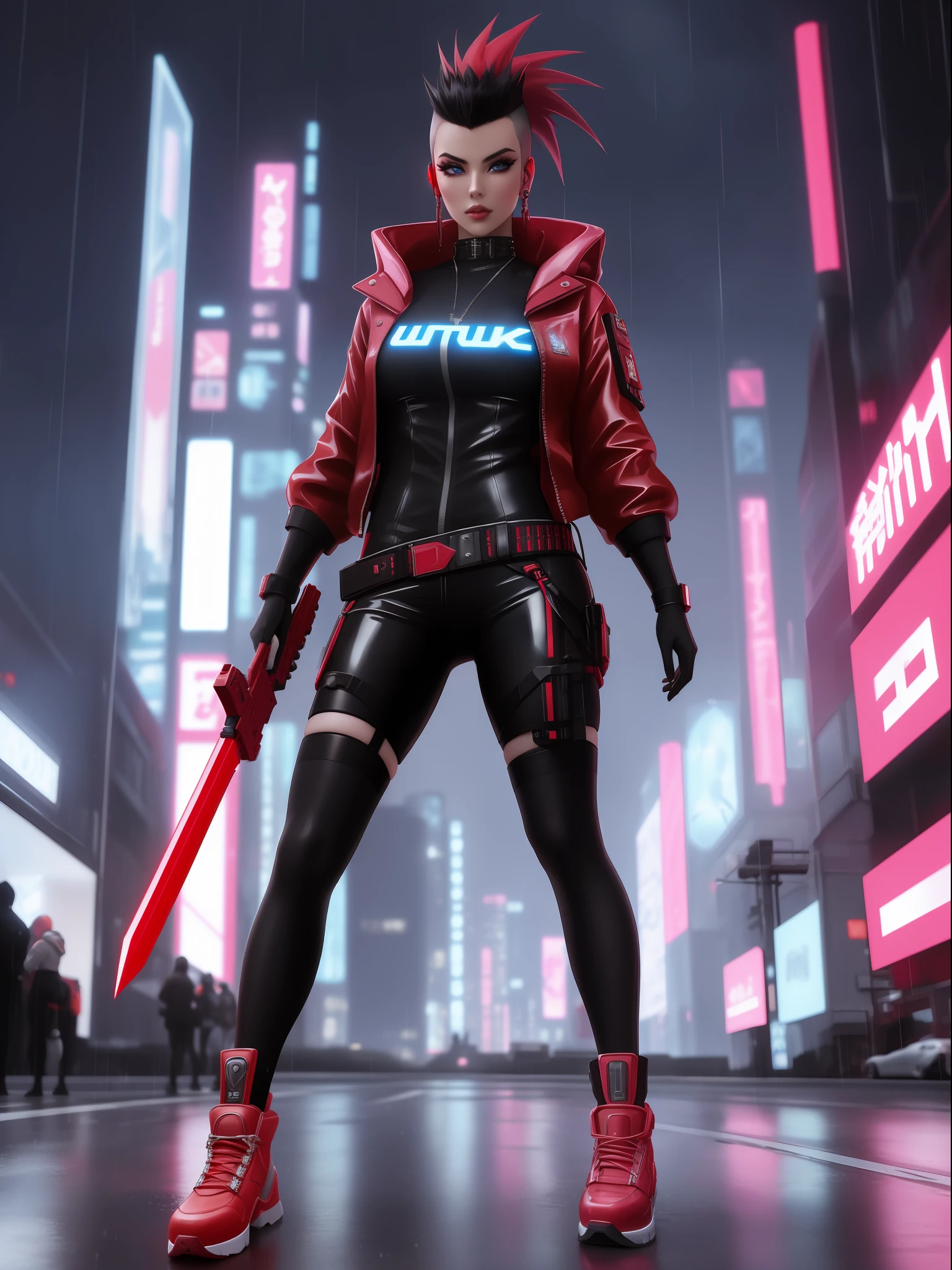 (full body photo:1.59), (A Kawaii Woman:1.5), (wearing cyberpunk red metal+ultra realistic metal outfit:1.5), (she's in a futuristic city with lots of flying cars+at night+raining hard:1.5), (she has mohawk hair roza:1.3), (she has blue eyes:1.3), (she's holding futuristic weapons+sorting+staring at the viewer+posing with futuristic weapons:1.5),  Hyperrealism, 16k, best quality, high details, UHD