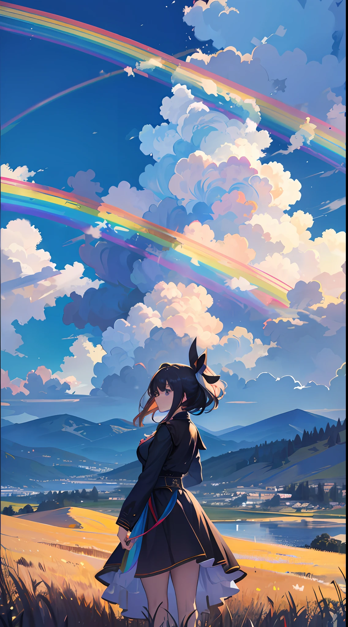 8k resolution, masterpiece, superlative, a woman looking at the clear blue sky, clouds in the sky, rainbow