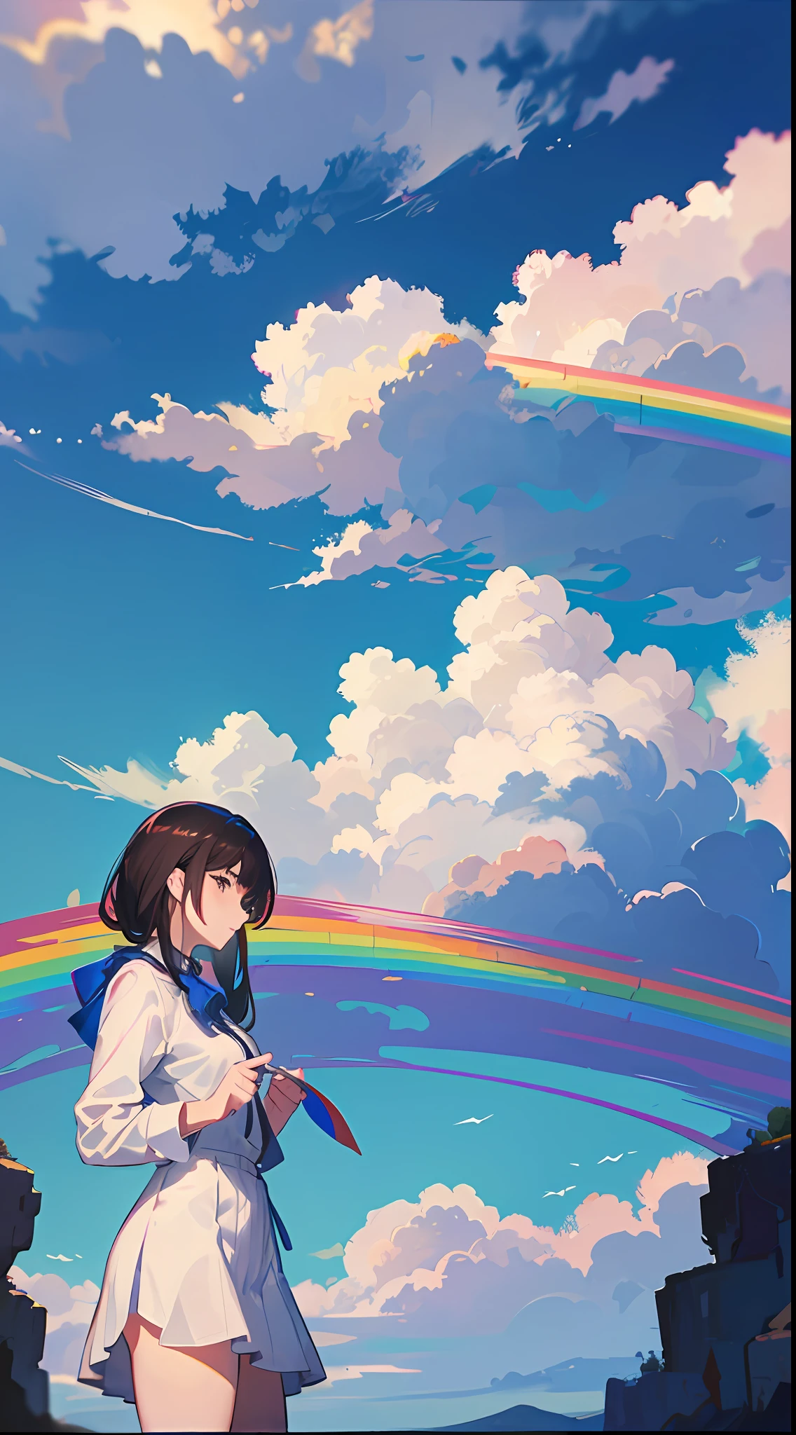 8k resolution, masterpiece, superlative, a woman looking at the clear blue sky, clouds in the sky, rainbow