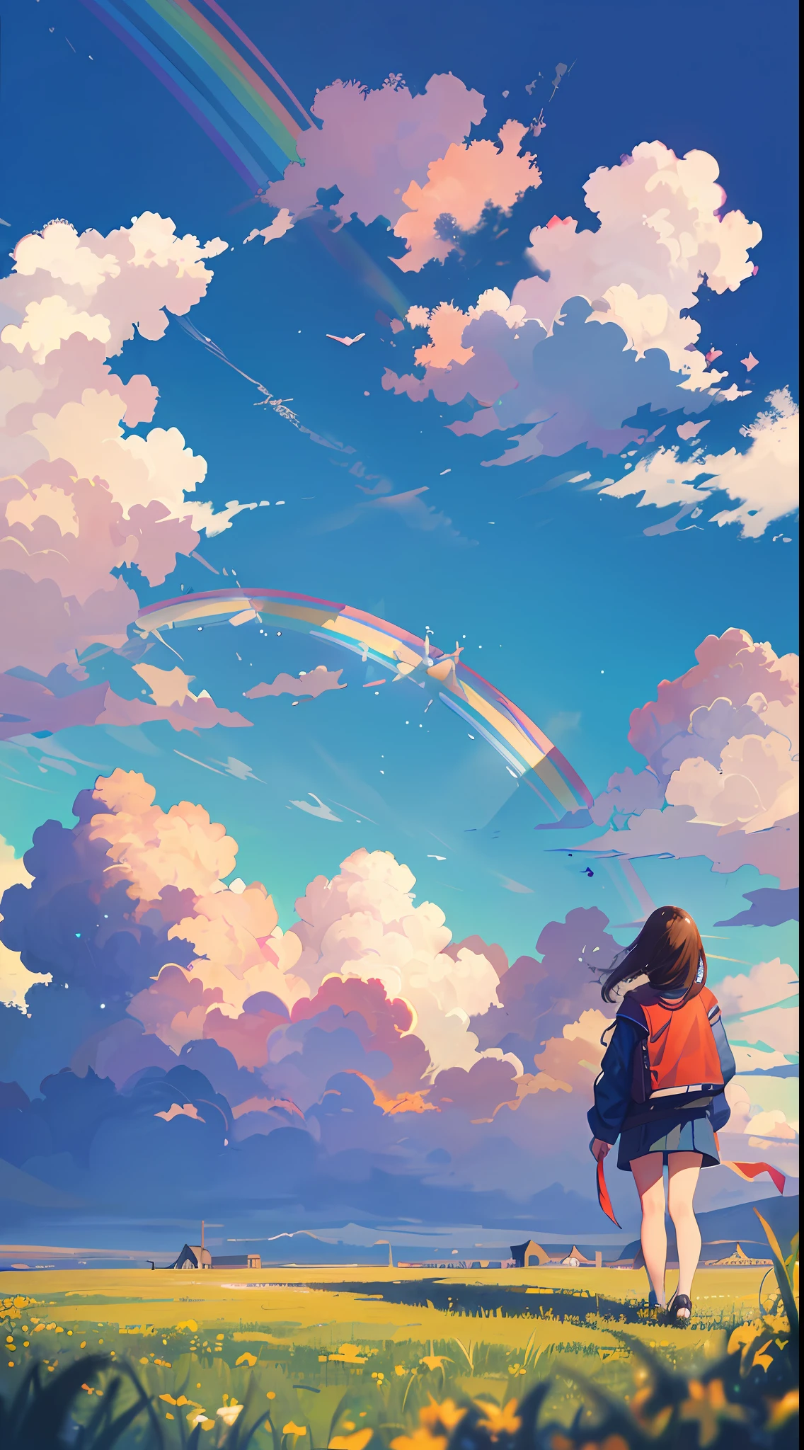 8k resolution, masterpiece, superlative, a woman looking at the clear blue sky, clouds in the sky, rainbow