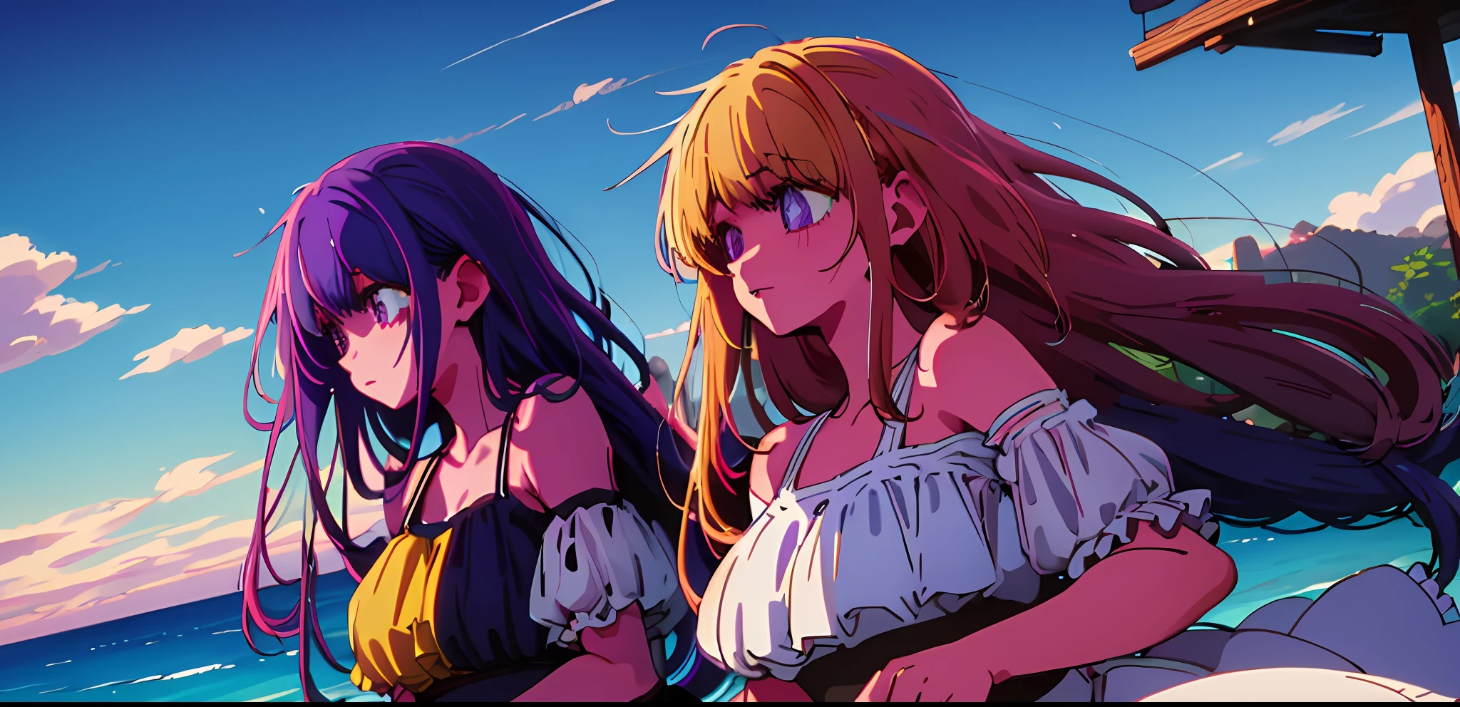 2girls, masterpiece, best quality, night, hill, clouds, full moon, long hair, diaphragm. First girl blonde hair, second girl purple hair, beach background, swimsuit,