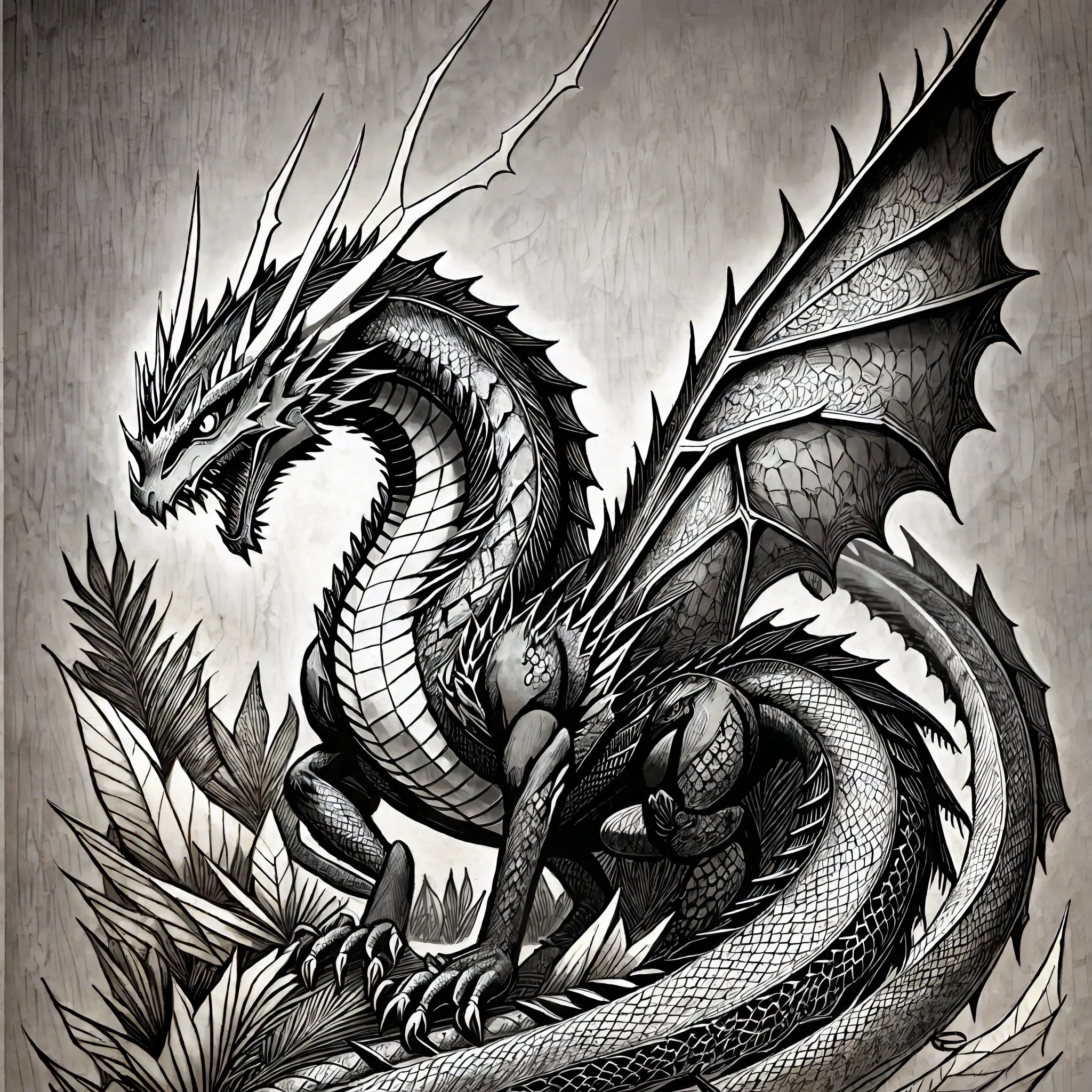 a black and white drawing of a dragon, dragon art, majestic japanese dragon, black dragon, scarred dragon, detailed dragon, highly detailed dark art, highly detailed illustration, legendary dragon, dragon, a majestic gothic dragon, highly detailed illustration.", highly detailed official art, Chinese dragon engraving --auto --s2