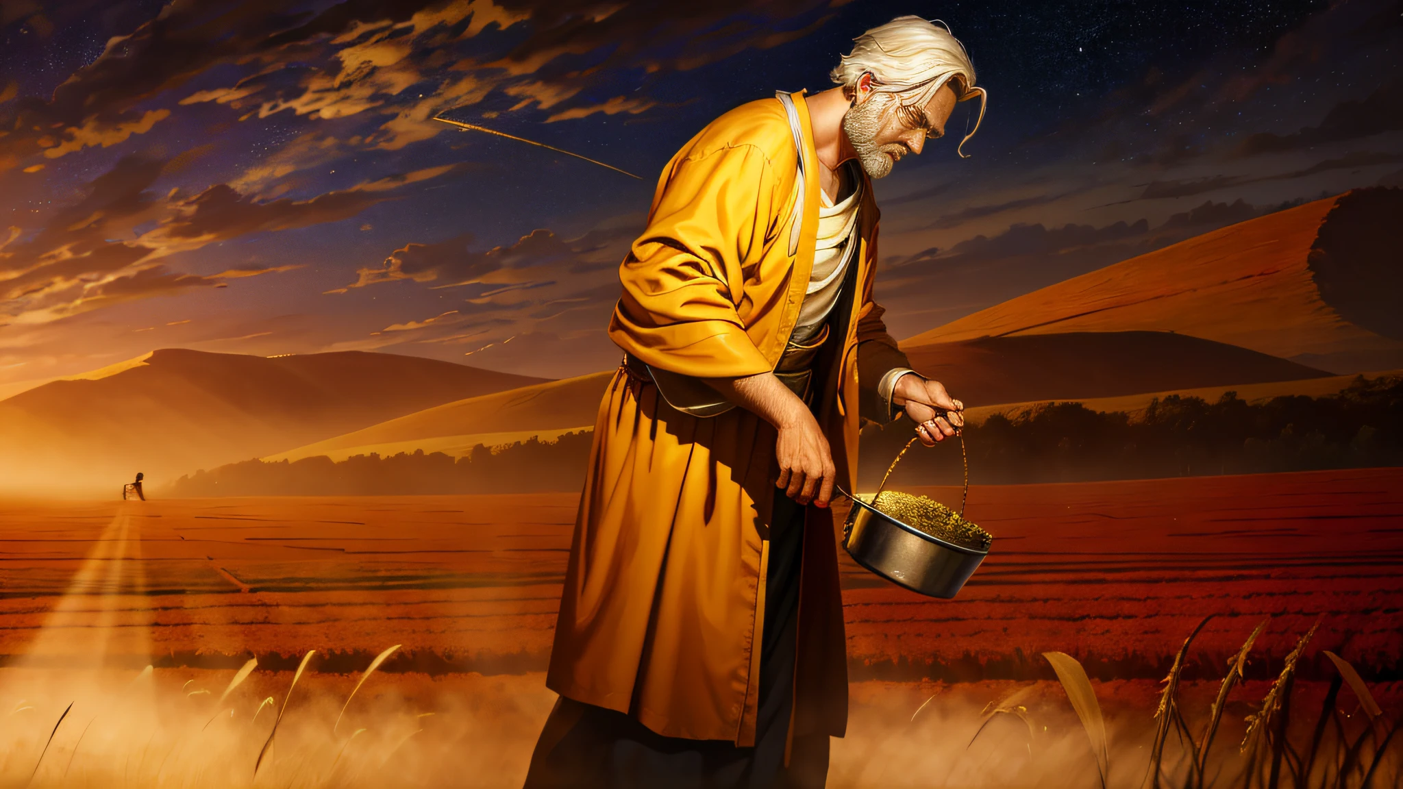 Oil painting, there is a man in a robe, farmer sowing tares in the field at night, epic biblical representation, 8k uhd, cinematic lighting, high quality, --s2