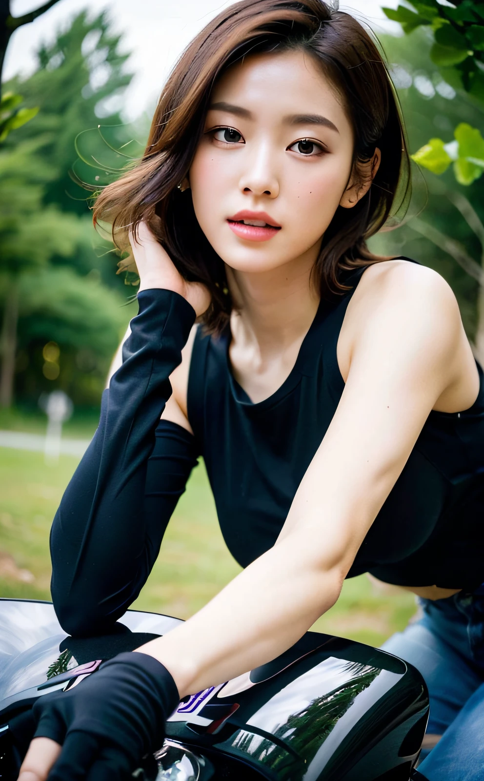 Girl is sitting on a motorcycle, in bondage (vertical challenge), full body, (top quality: 1.0), (ultra high definition: 1.0), (beautiful girl: 1.4), short hair, (masterpiece), (photorealistic: 1.3), ultra detail, (high skin detail: 1.2), (highest quality: 1.0), (ultra high definition: 1.0), (masterpiece), ( Photorealistic: 1.3), Super Detail, (High Skin Detail: 1.2), (Best: 1.0), (Super Slim: 1.0), (Delicate Face)