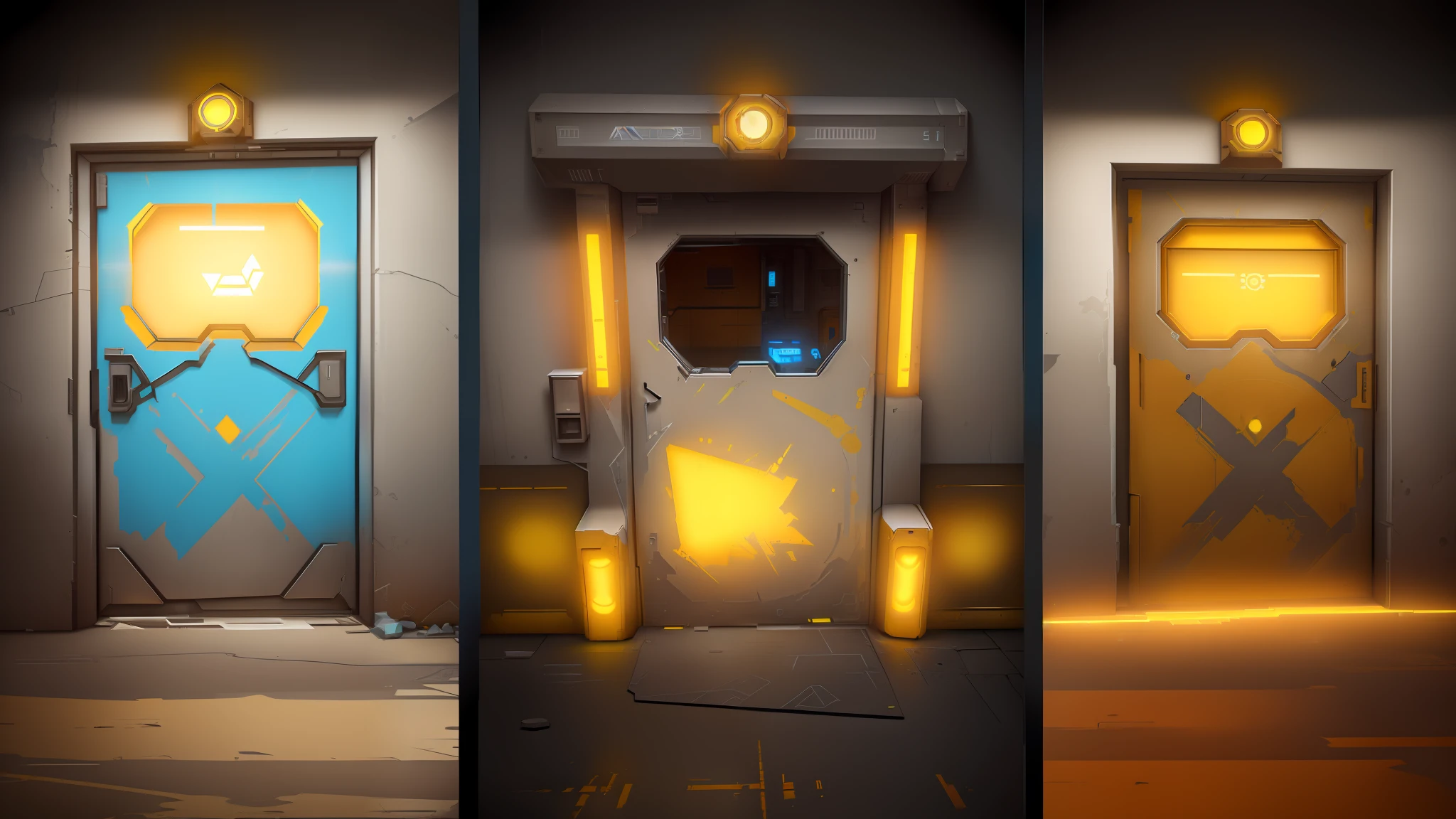 three different colored doors with a yellow light on each of them, doors that are cosmic portals, portals, overwatch building, doors to various living quarters, portal 3, borderlands 3 style, 3 doors, borderlands style, set in cyberpunk bank vault, ingame image, aperture science test chamber, style of borderlands, dev textures, overwatch design, metal framed portal