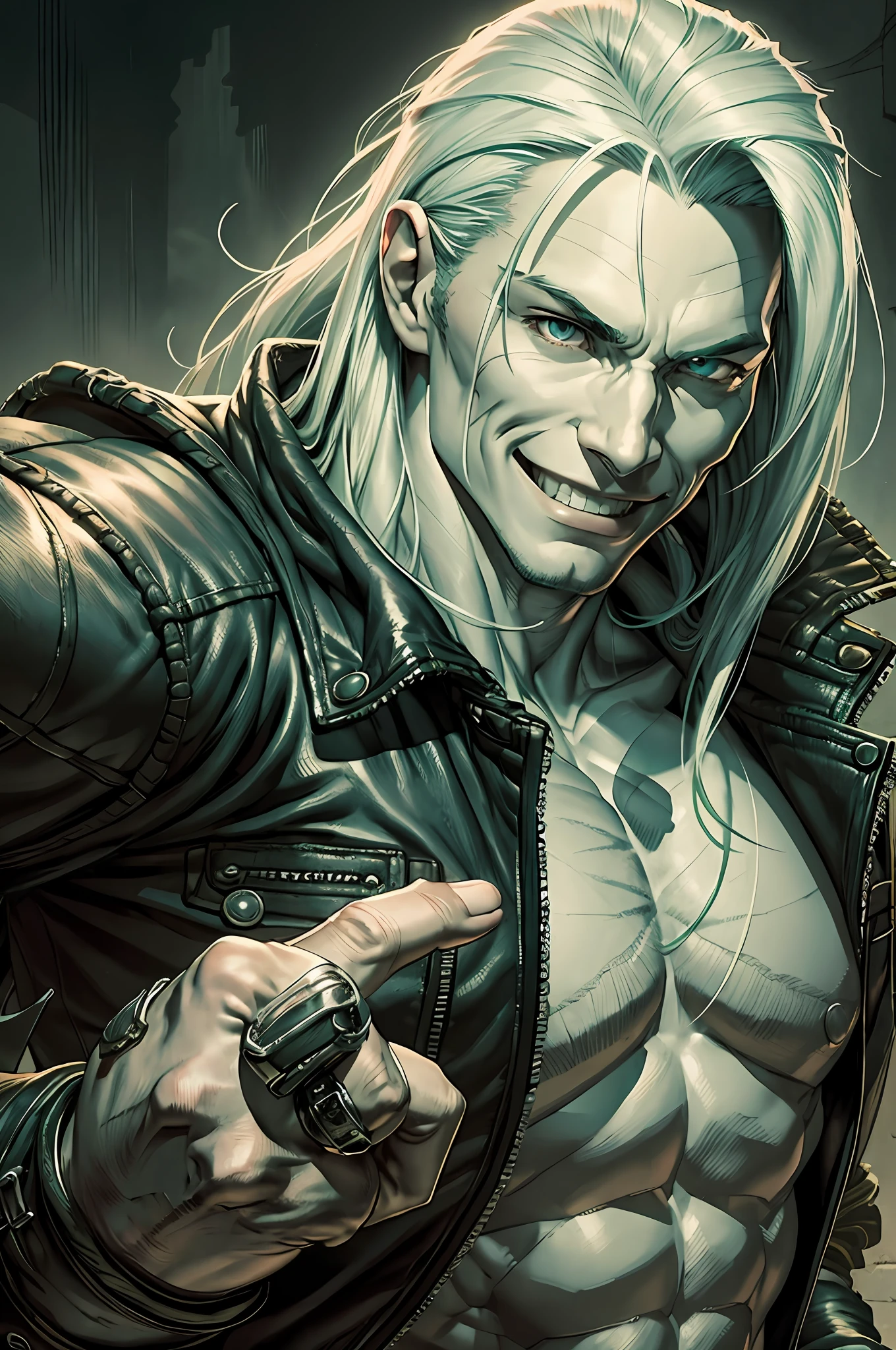 Brigadoe, smiling, muscular, biker, jacket, teasing opponent, ironic face, young, albino skin, sephiroth face --auto --s2