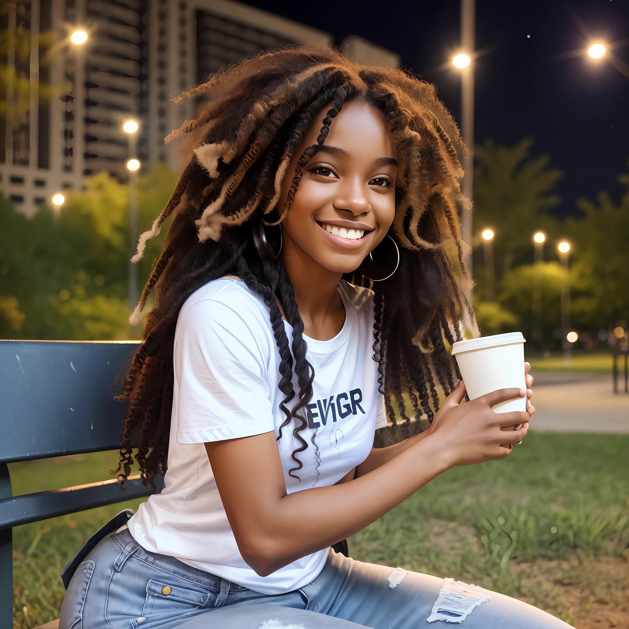 1girl, solo, African-American with long curly hair, smiling, wearing jeans and white T-shirt without print, sits on a bench in the park at night and be holding a cup, 3D --air 2:3 --auto --s2
