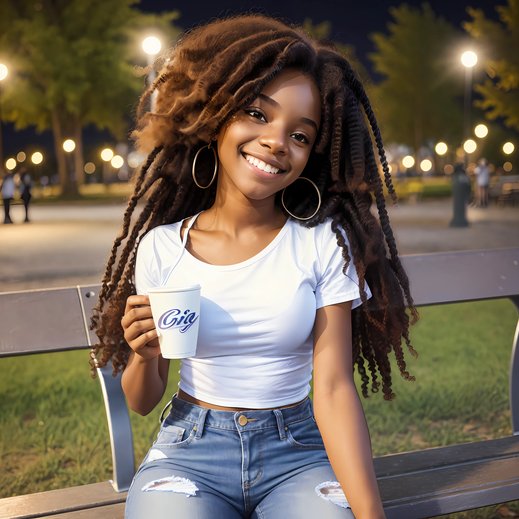 1girl, solo, African-American with long curly hair, smiling, wearing jeans and white T-shirt without print, sits on a bench in the park at night and be holding a cup, 3D --air 2:3 --auto --s2