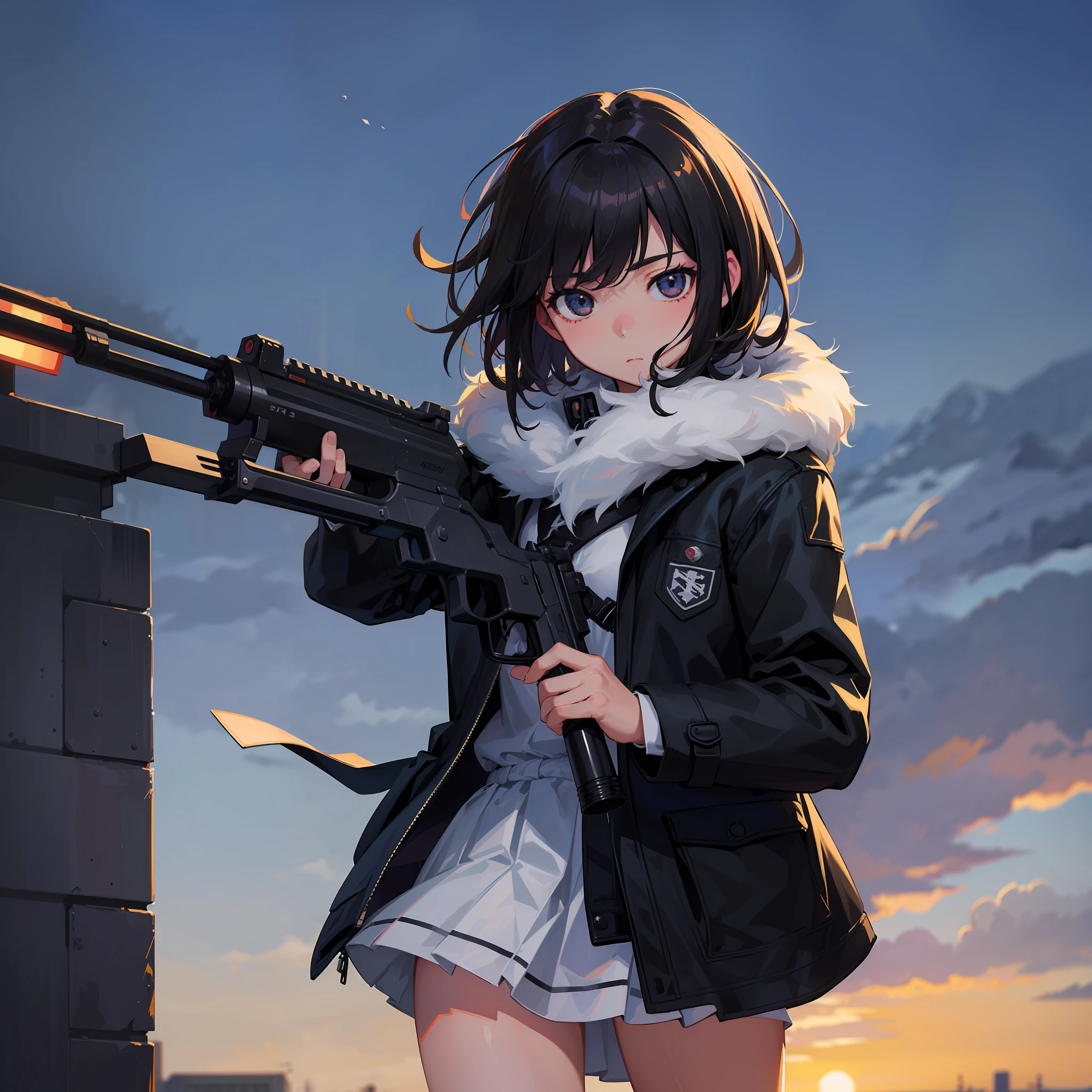((Best, highest quality)), solitary night walking, lone schoolgirl, cold and far away, short hair black coat, holding a firearm, full vision, cute, (realistic style: 1.4).