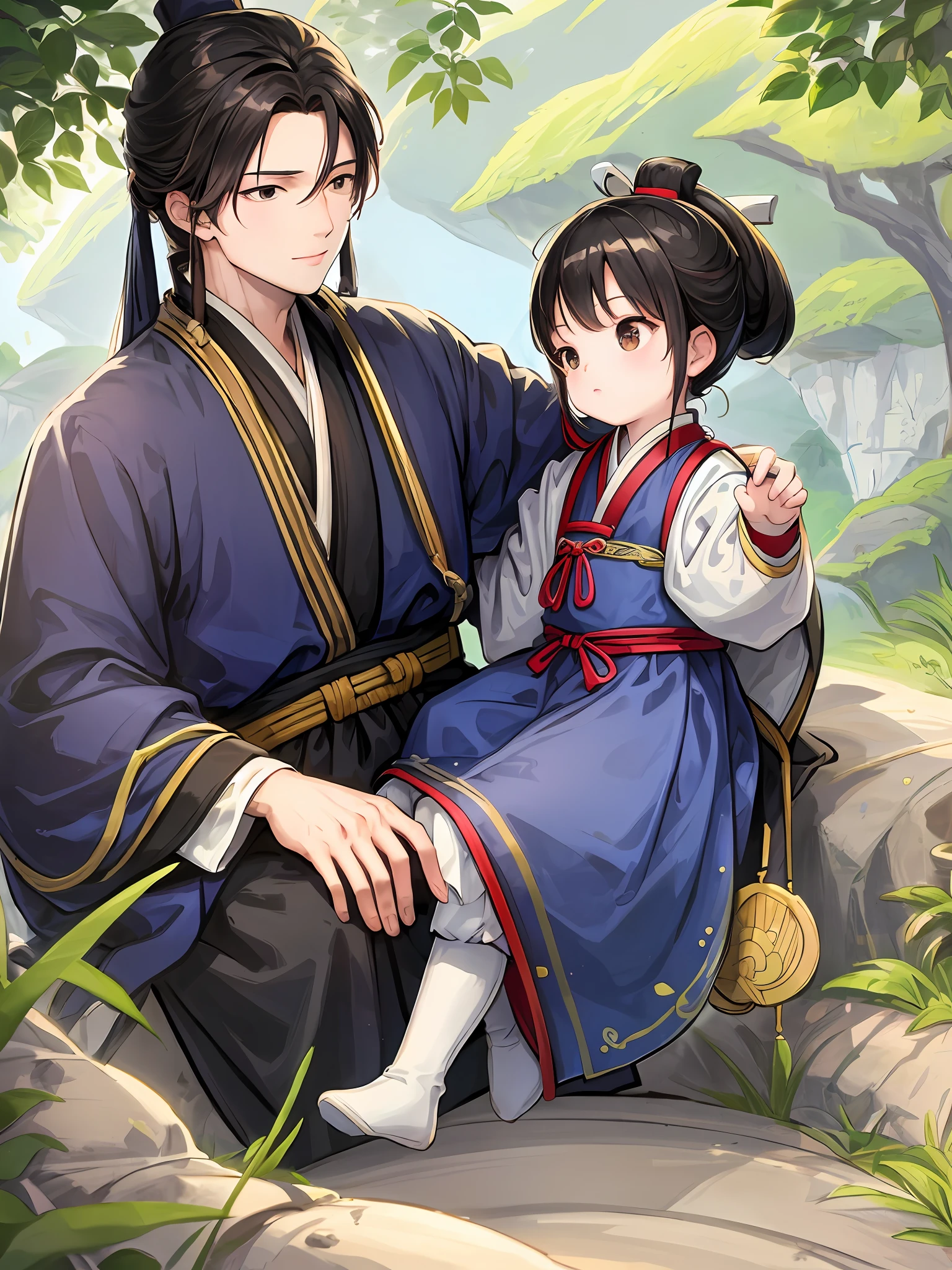 Two people, (man with child sitting on his shoulder:1.1), ancient chinese clothing, full body, sunlight, clear face, clean white background, masterpiece, super detail, epic composition, ultra hd, high quality, extremely detailed, official art, uniform 8k wallpaper, super detail, 32k