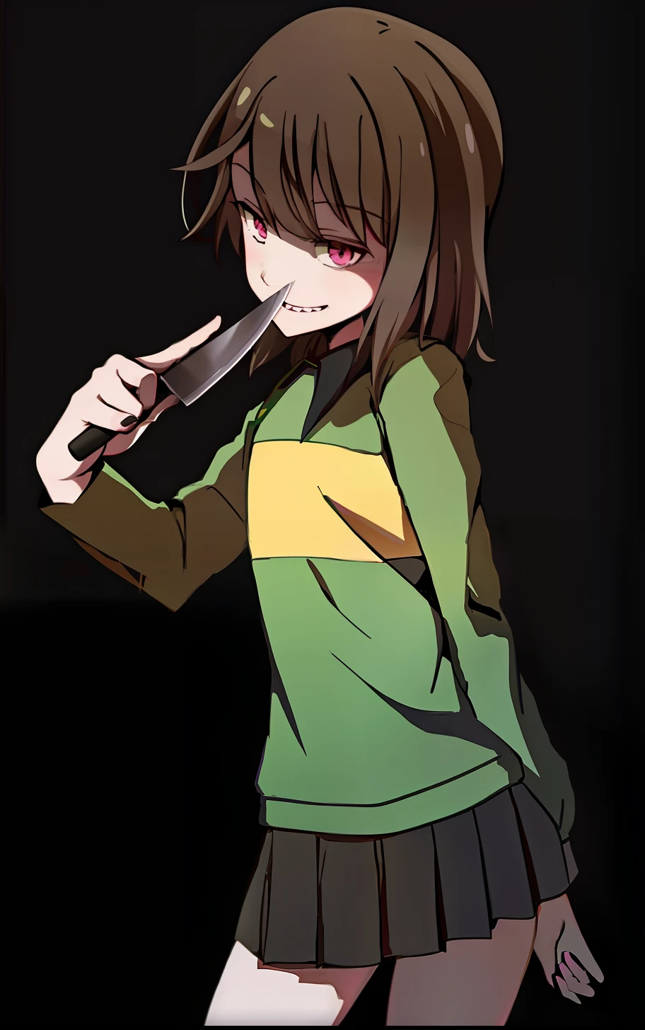 anime girl with a knife in her hand and a black background, chihiro! fujisaki, female protagonist 👀 :8, yume nikki, chiaki nanami from danganronpa, iwakura lain, rogue anime girl, official art, digital art from danganronpa, [[[[grinning evily]]]], bottomless, hairy