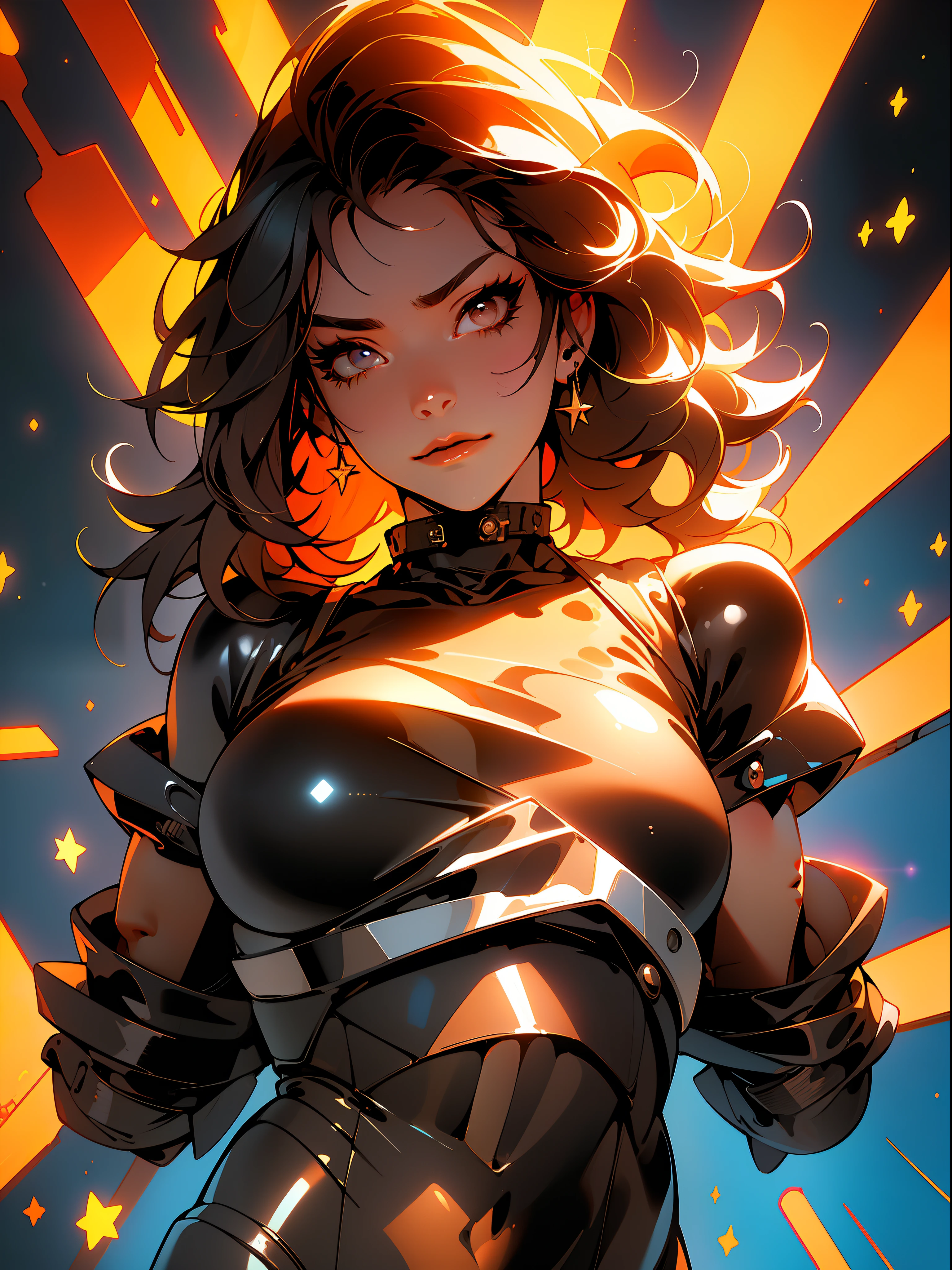 ((Best quality)), ((masterpiece)), (detailed: 1.4), (Absurd), furious Caucasian princess ready for war, black kinetic skin with exposed black muscles, hot woman, sculptural body with defined muscles, mouth closed, muscular body covered by a micro bikini, whole body covered in Genesis evangelion neon style clothing, ((medium breasts)), (eyes with heavy makeup and very black without pupils), (((short black hair style colonel Motoko)), (stars covering the body), ((drawings of golden stars on the arms)), very long eyelashes, heavy eye makeup, lots of jewelry, by mucha, niji --V5, close to real, psychopathic, crazy face, sexy pose, background with a giant Gundam style robot head, 2 piece clothing, pastel, centered, scale to fit the dimensions, HDR (High Dynamic Range),Ray Tracing,NVIDIA RTX,Super-Resolution,Unreal 5,Subsurface Dispersion, PBR Texture, Post-processing, Anisotropic filtering, Depth of field, Maximum clarity and sharpness, Multilayer textures, Albedo and specular maps, Surface shading, Accurate simulation of light-material interaction, Perfect proportions, Octane Render, Two-tone lighting, Wide aperture, Low ISO, White balance, Rule of thirds, 8K RAW, crysisnanosuit