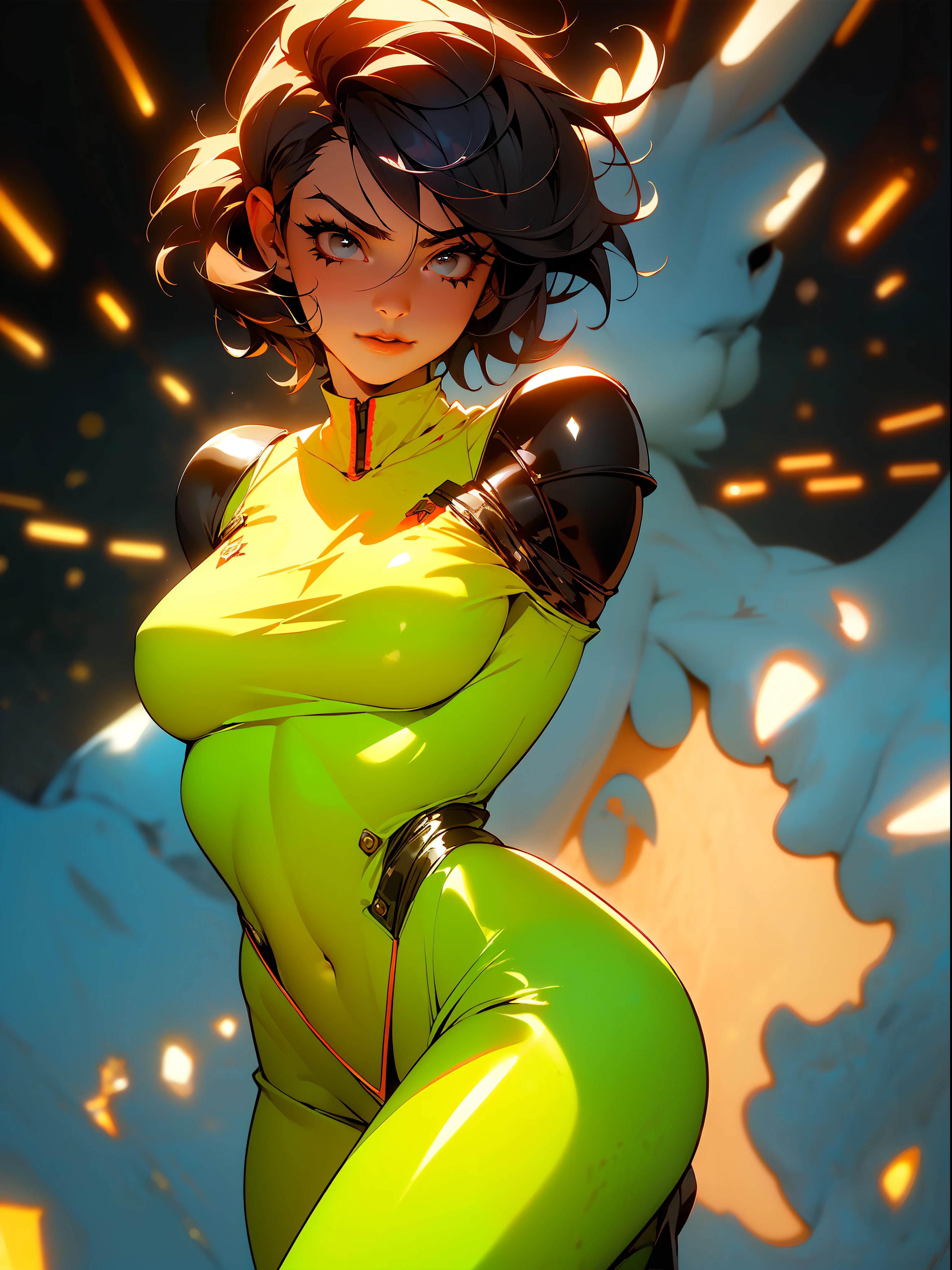 ((Best quality)), ((masterpiece)), (detailed: 1.4), (Absurd), furious Caucasian princess ready for war, black kinetic skin with exposed black muscles, hot woman, sculptural body with defined muscles, mouth closed, muscular body covered by a micro bikini, whole body covered in Genesis evangelion neon style clothing, ((medium breasts)), (eyes with heavy makeup and very black without pupils), (((short black hair style colonel Motoko)), (stars covering the body), ((drawings of golden stars on the arms)), very long eyelashes, heavy eye makeup, lots of jewelry, by mucha, niji --V5, close to real, psychopathic, crazy face, sexy pose, background with a giant Gundam style robot head, 2 piece clothing, pastel, centered, scale to fit the dimensions, HDR (High Dynamic Range),Ray Tracing,NVIDIA RTX,Super-Resolution,Unreal 5,Subsurface Dispersion, PBR Texture, Post-processing, Anisotropic filtering, Depth of field, Maximum clarity and sharpness, Multilayer textures, Albedo and specular maps, Surface shading, Accurate simulation of light-material interaction, Perfect proportions, Octane Render, Two-tone lighting, Wide aperture, Low ISO, White balance, Rule of thirds, 8K RAW, crysisnanosuit