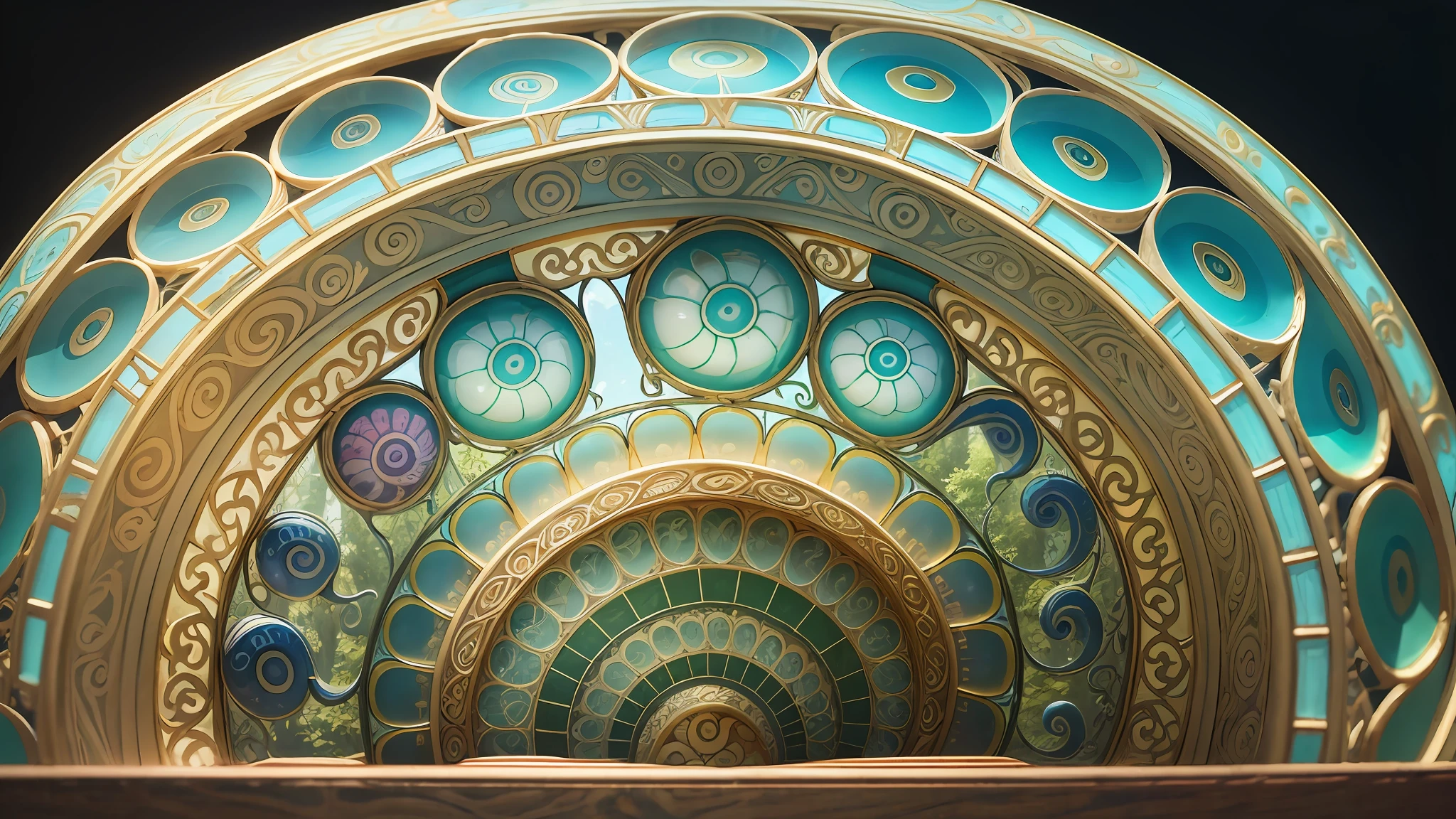art nouveau glass snail-shaped cabin snailcore, fibonacci spirals, retreat --auto --s2