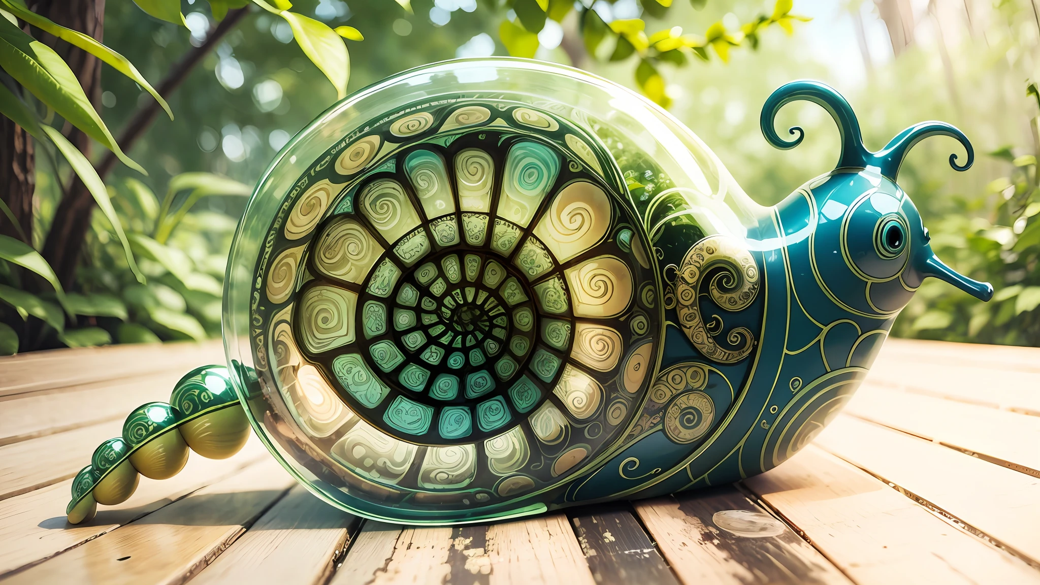 art nouveau glass snail-shaped cabin snailcore, fibonacci spirals, retreat --auto --s2