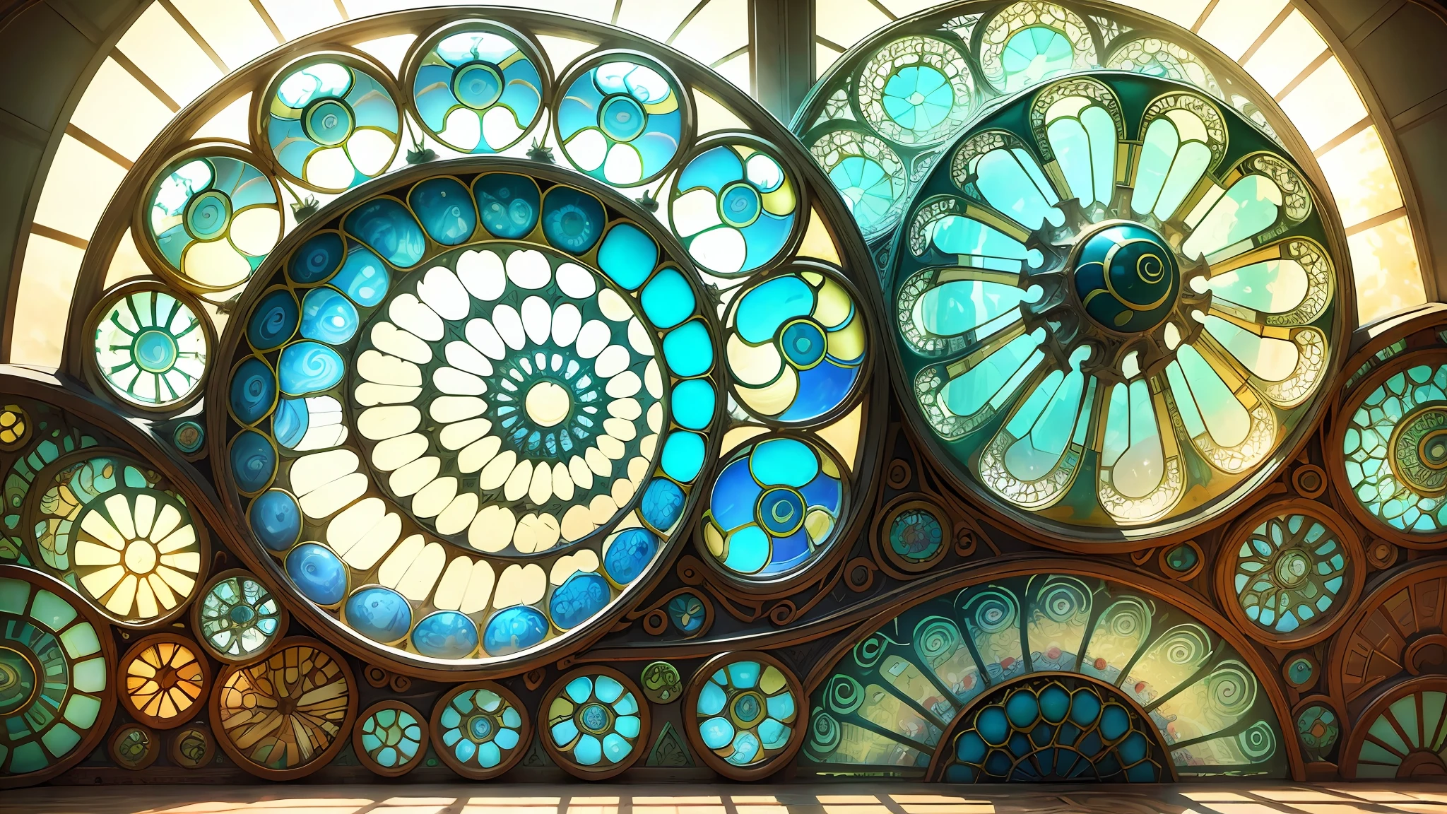 art nouveau glass snail-shaped cabin snailcore, fibonacci spirals, retreat --auto --s2