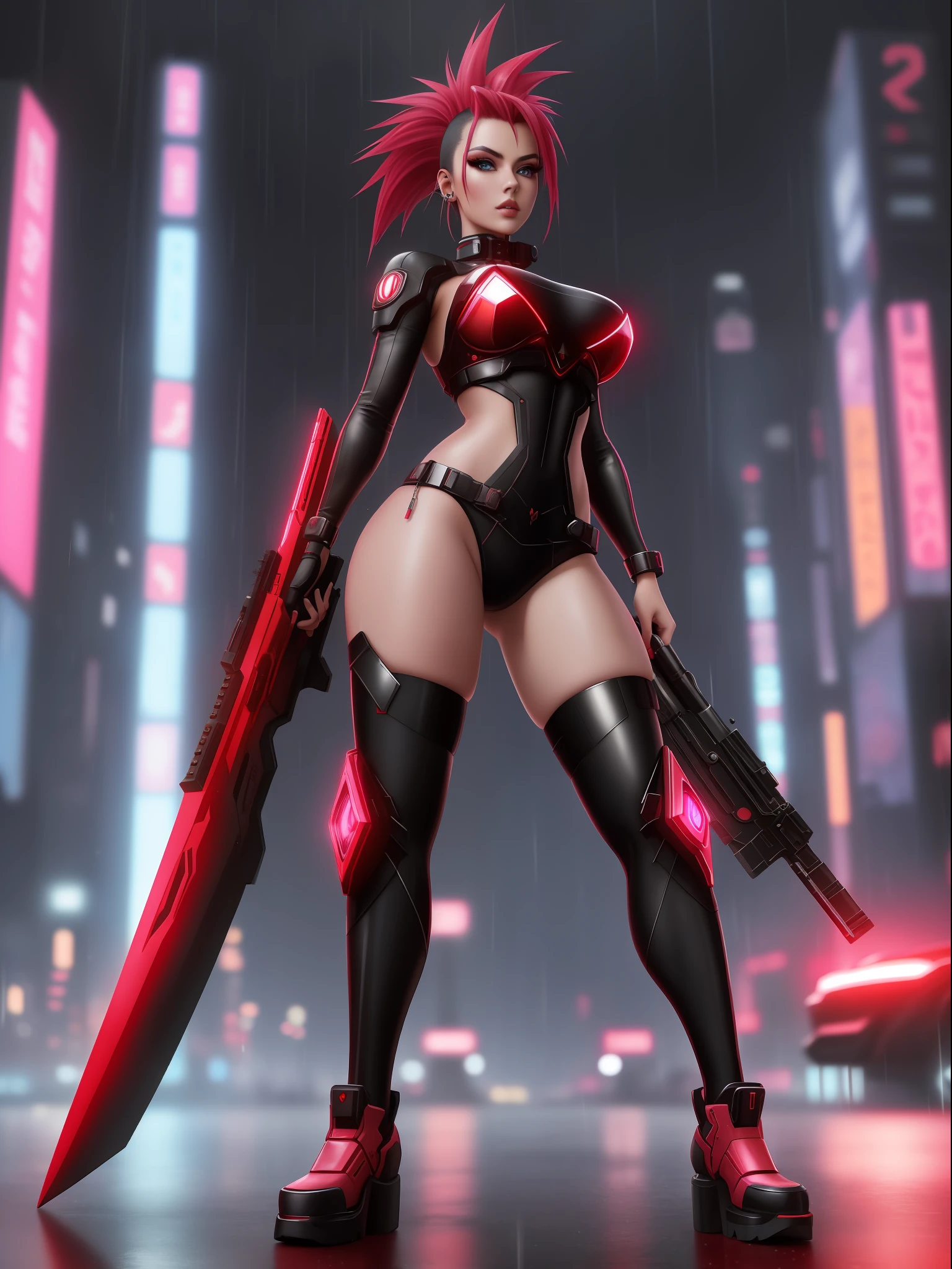(full body photo:1.59), (A Kawaii Woman:1.5), (wearing cyberpunk red metal+ultra realistic metal outfit:1.5), (she's in a futuristic city with lots of flying cars+at night+raining hard:1.5), (she has roza mohawk hair:1.3), (she's got blue eyes:1.3), (she's holding futuristic weapons+sorting+staring at the viewer+striking sexy poses for the viewer:1.5), Hyperrealism, 16k, best quality, high details, UHD