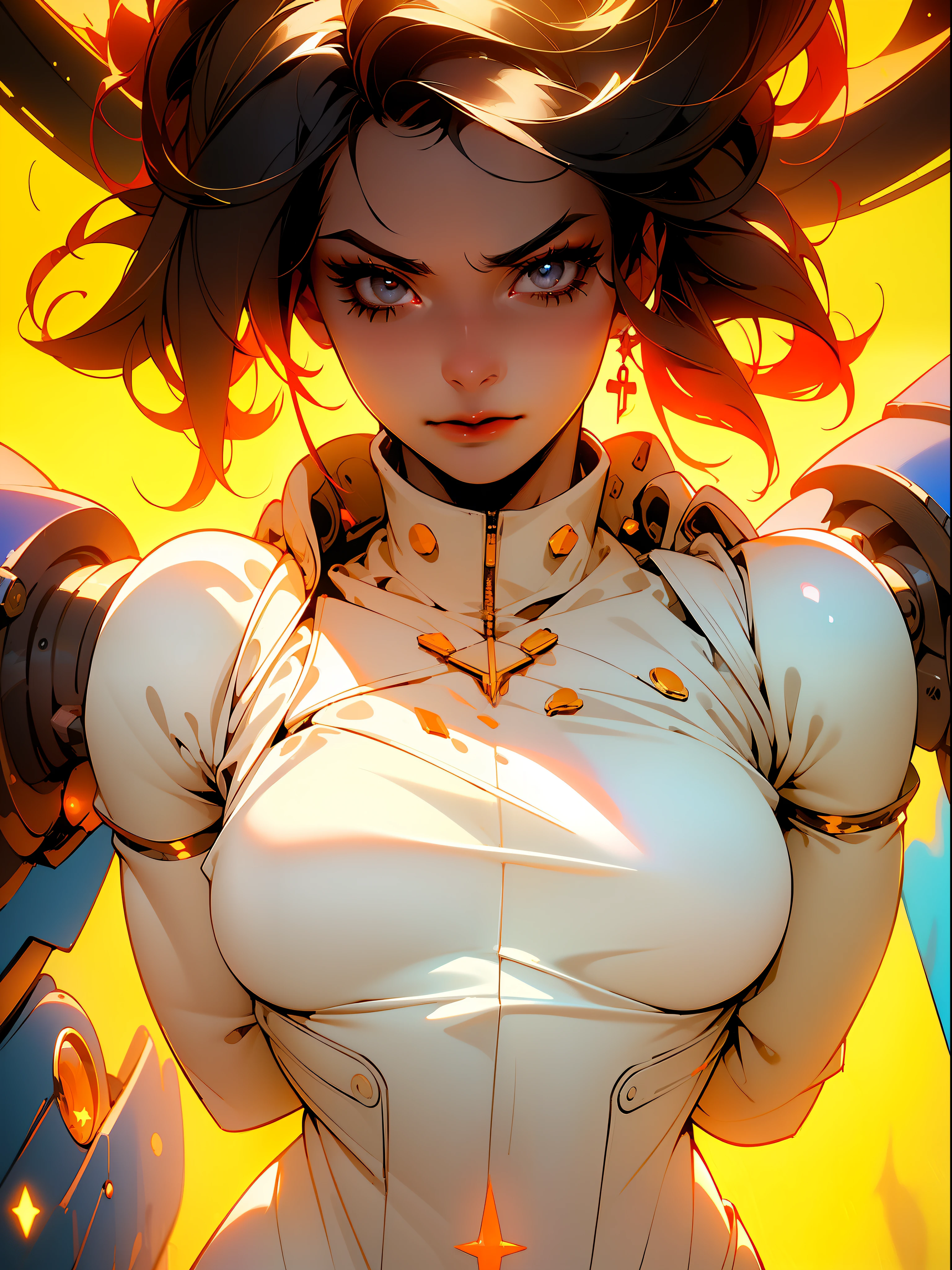 ((Best quality)), ((masterpiece)), (detailed: 1.4), (Absurd), furious Caucasian princess ready for war, black kinetic skin with exposed black muscles, hot woman, sculptural body with defined muscles, mouth closed, muscular body covered by a micro bikini, whole body covered in Genesis evangelion neon style clothing, ((medium breasts)), (eyes with heavy makeup and very black without pupils), (((short black hair style colonel Motoko)), (stars covering the body), ((drawings of golden stars on the arms)), very long eyelashes, heavy eye makeup, lots of jewelry, by mucha, niji --V5, close to real, psychopathic, crazy face, sexy pose, background with a giant Gundam style robot head, 2 piece clothing, pastel, centered, scale to fit the dimensions, HDR (High Dynamic Range),Ray Tracing,NVIDIA RTX,Super-Resolution,Unreal 5,Subsurface Dispersion, PBR Texture, Post-processing, Anisotropic filtering, Depth of field, Maximum clarity and sharpness, Multilayer textures, Albedo and specular maps, Surface shading, Accurate simulation of light-material interaction, Perfect proportions, Octane Render, Two-tone lighting, Wide aperture, Low ISO, White balance, Rule of thirds, 8K RAW, crysisnanosuit