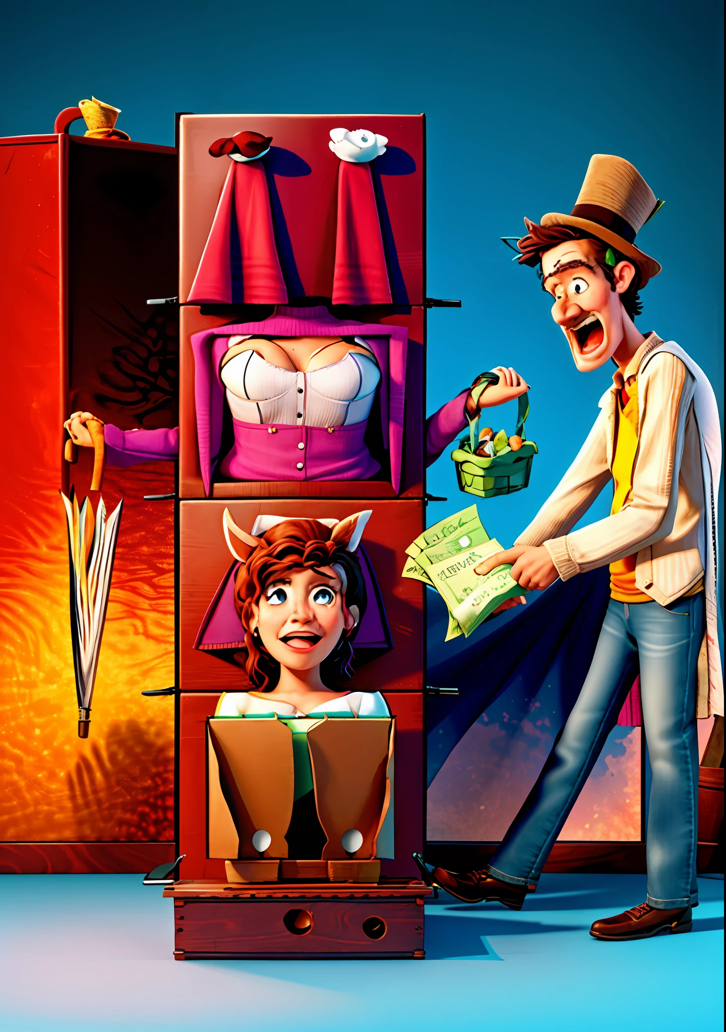 a magician standing next to a pile of magic boxes, the top box has a pair of feet poking out upside down, the second box has a woman's chest inside of it and a woman's arm out of each side, the third box has a curly red-headed woman's head with a confused expression, the fourth and bottom box has a woman's pelvis and thighs inside, whole page illustration, with lots of details, ultra detailed, 4k, HD, colorful, natural lighting