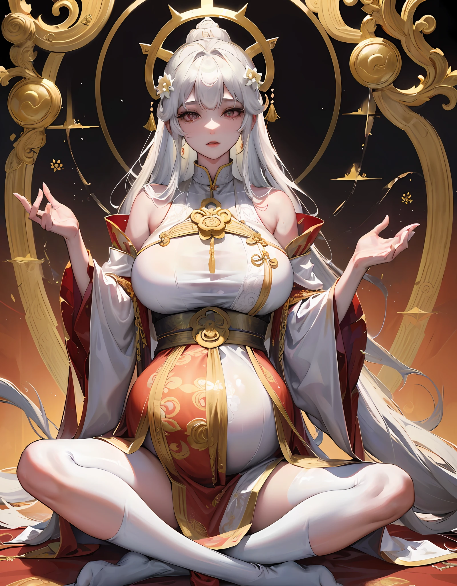 (Avalokiteshvara), Pudu sentient beings, Incarnation of sorrow, Buddhist deity, 1 mature woman, (pregnant mother), Nankai dojo, white silk robe, white socks, white ribbon, white veil, pale face, pitch-black long hair, black pupils, cross-legged meditation, ((super huge breasts)), mother, ((simple style, white lotus background)), Buddhist disciple, saving suffering, great compassion, Pudu sentient beings, extremely solemn, listening to the faithful in the temple, golden pupils, fair skin, meditating cross-legged, without desire and desire,Shaping the holy atmosphere, coiling dragon bun, boundless mana, ancient Chinese aristocracy, beautiful legs, gorgeous ancient Buddhist decoration, (a large number of exquisite white lotus ornaments), perfect flesh full of texture, , scorching rendering effect, jaw-dropping, captivating visual enjoyment, ((best quality)), ((masterpiece)), maximum definition, multi-layered texture, super detailed, illustration, (super detailed face), (perfect face), clear texture, fine texture, Ultra HD detail display, Excellent image performance, High-quality illustrations, perfectly fitting and harmonious tones, deep lines, precise brush strokes, with a strong sense of three-dimensionality and delicate wear, wonderful color matching, intricate details
