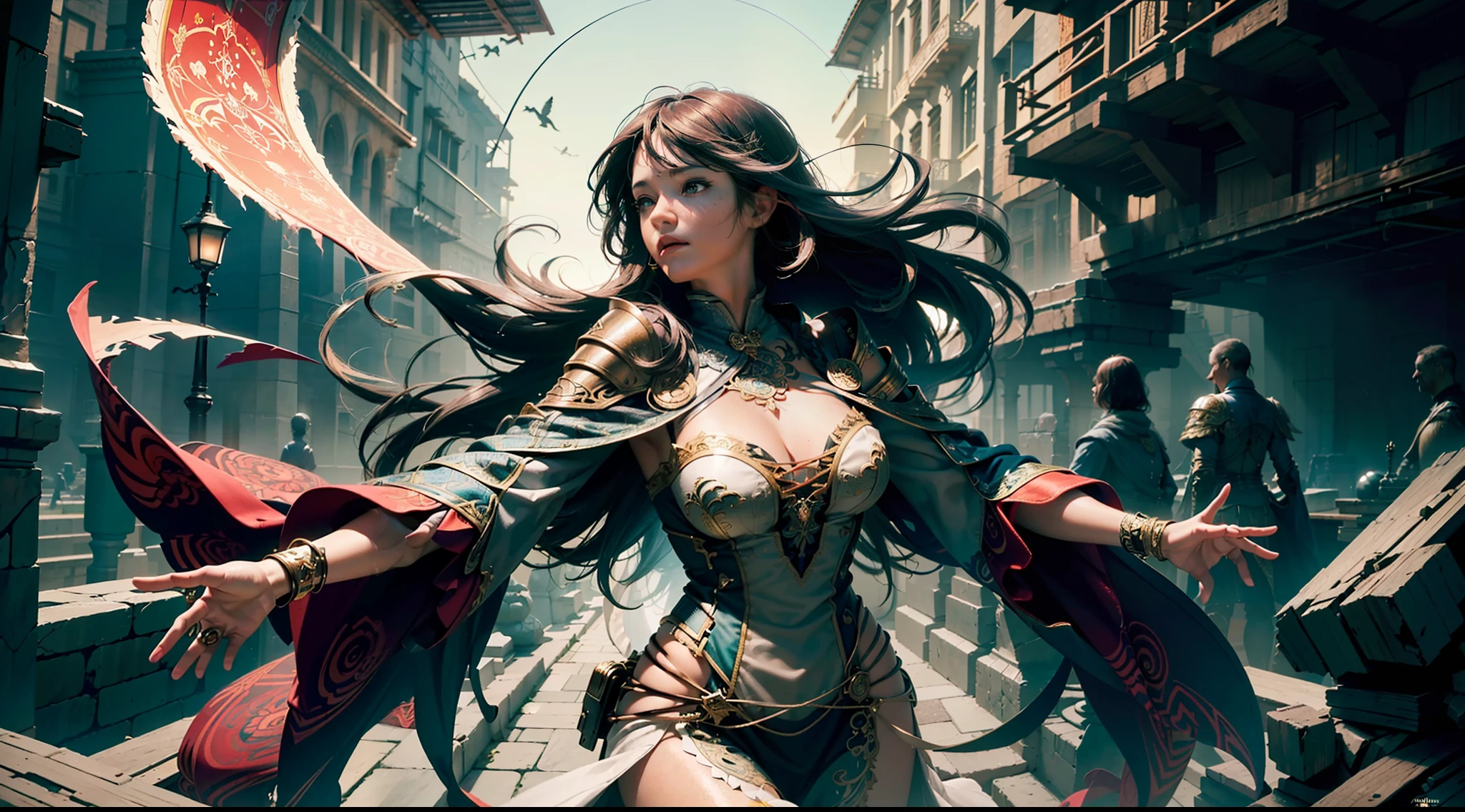 ((best quality)), ((masterpiece:1.2)), (extremely detailed:1.1), (8k, high quality, cinematic, hyper realistic, illustration), (autodesk maya, octane render, unreal engine, game character, ray tracing, hdr), (35mm focal length, f/2 aperture, dynamic perspective, depth of field),(1girl, dynamic angle), the most beautiful form of chaos, a brutalist designed, vivid colours, (zentangle, mandala, tangle, entangle), (fractal art), silk web, 3d, realistic, CG, 3D model, beautiful, elegant, confident, (hdri, bloom, rim lighting, soft lighting, low key), delicate\(armor\) wizard robe