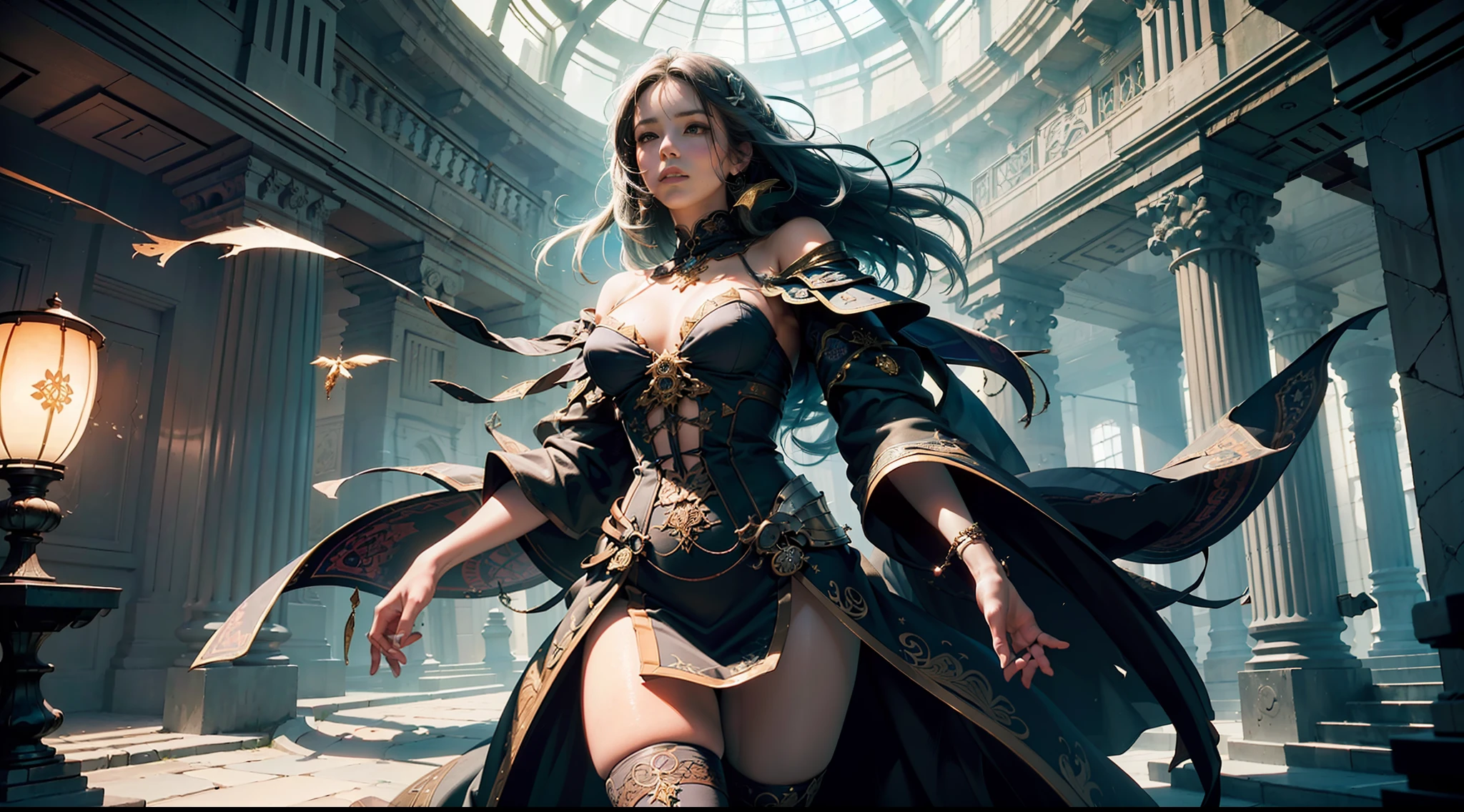 ((best quality)), ((masterpiece:1.2)), (extremely detailed:1.1), (8k, high quality, cinematic, hyper realistic, illustration), (autodesk maya, octane render, unreal engine, game character, ray tracing, hdr), (35mm focal length, f/2 aperture, dynamic perspective, depth of field),(1girl, dynamic angle), the most beautiful form of chaos, a brutalist designed, vivid colours, (zentangle, mandala, tangle, entangle), (fractal art), silk web, 3d, realistic, CG, 3D model, beautiful, elegant, confident, (hdri, bloom, rim lighting, soft lighting, low key), delicate\(armor\) wizard robe