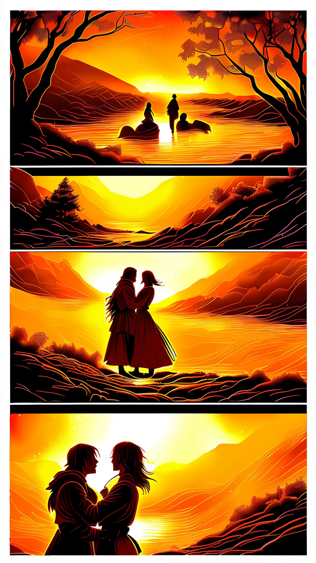 The cover illustration of Chapter 5: "The Fire of Passion" captures the moment of intimacy and connection between Helena and Dark Blade. In this scene, they find themselves cut off from the battles of the revolution, enjoying a brief moment of tranquility and mutual surrender.
In the center of the image, Helena and Dark Blade are depicted in a passionate embrace. Their expressions reveal the intensity of the emotion they share, while the flames of a nearby fire dance around them, symbolizing the burning flame of passion that consumes them.
The lighting is soft and warm, highlighting the characters' faces and creating an intimate environment. The golden and orange tones of the fire illuminate their silhouettes, conveying the feeling of warmth and coziness that surrounds them.
The surrounding scenery can be represented as a tranquil retreat, perhaps a clearing in the forest or a secluded spot by a lake. These elements evoke a sense of privacy and serenity, providing a contrast to the hustle and bustle of previous battles.
The color palette used can be composed of warm tones such as orange, gold and earthy tones, conveying an atmosphere of passion and romance.
The cover illustration of Chapter 5 captures the fleeting moment when Helena and Dark Blade indulge in the fire of passion, briefly stepping away from the battles and turmoil of the revolution. This image conveys the intensity of the feeling between them and creates an atmosphere of intimacy and deep connection.