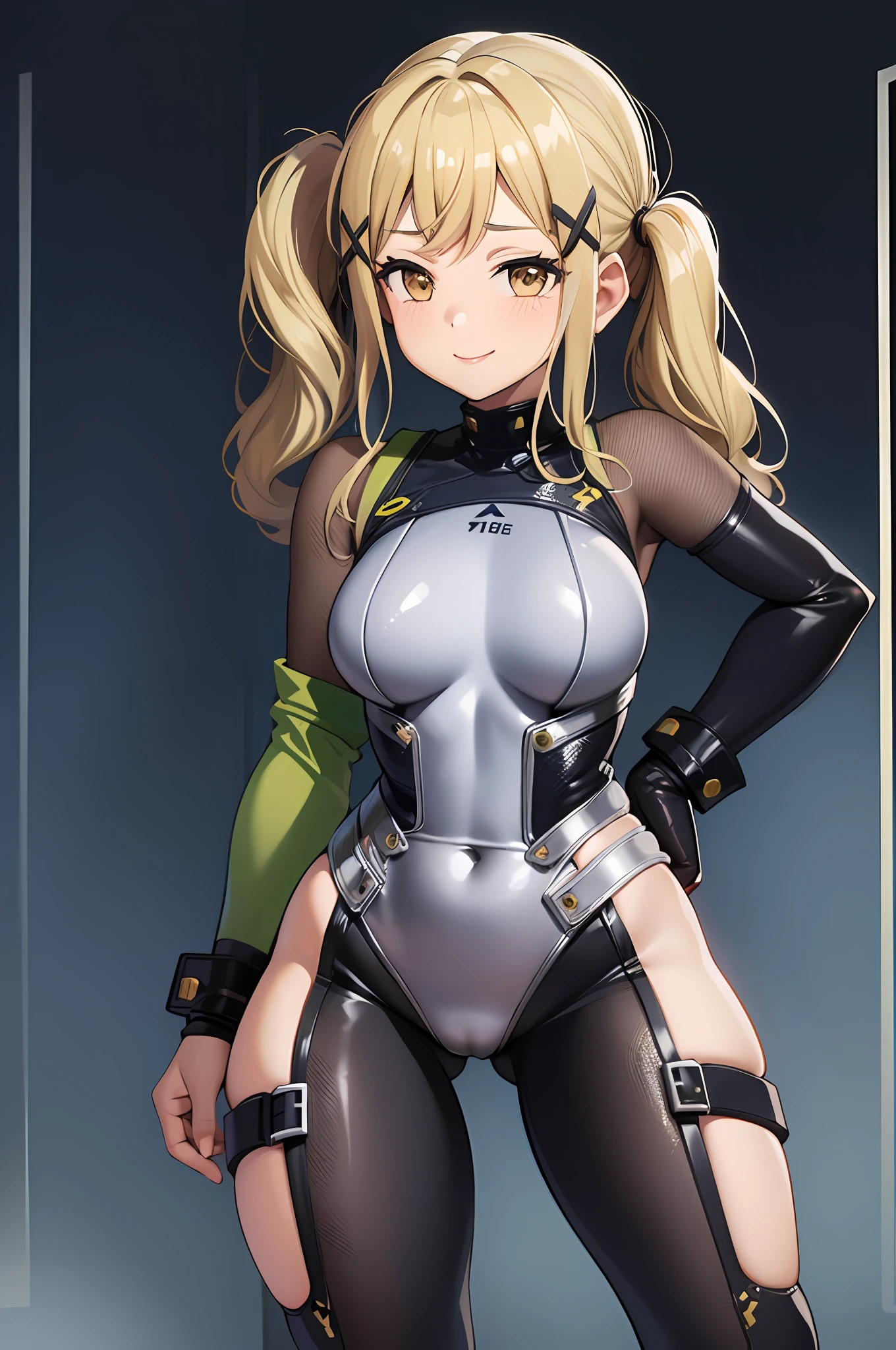 1girl, Arisa ichigaya, x hair ornament, blonde twintails, (full bodysuit), sexy body, erotic pose, standing, (smiling)