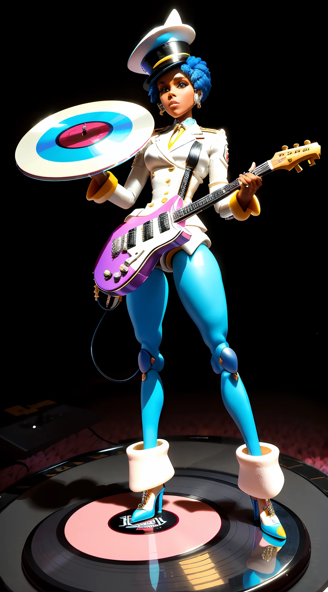 Janelle Monáe, looking at the audience, full body in high definition with a vinyl record for the footrest in an excellent evolution 8k (( Miniature toy for collection))