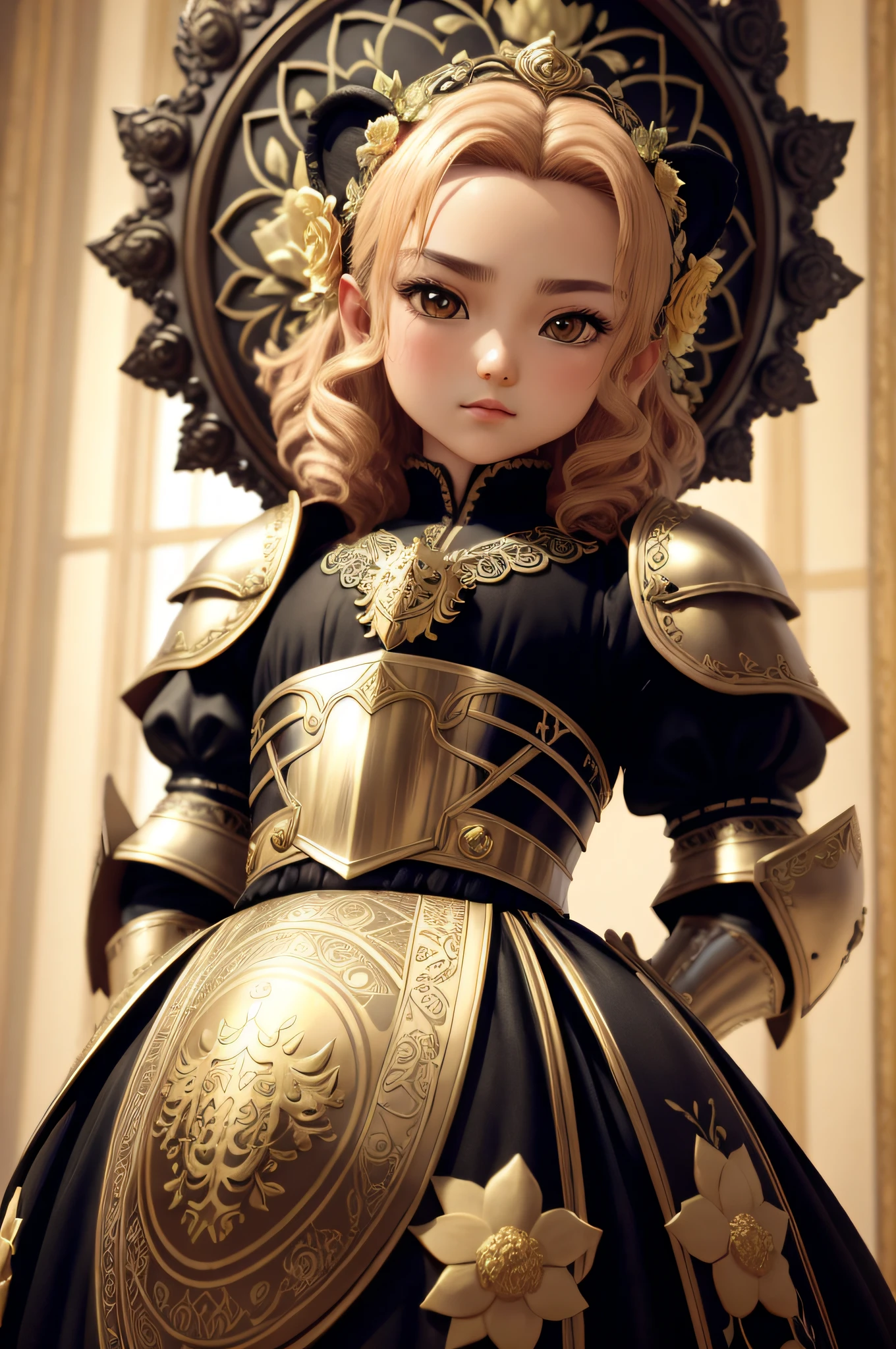3dcute lion creature wearing knight armor with detailed floral ornament, 1boy, big eyes, chibi, photorealistic, hyperrealistic, hyperdetailed, style, cocked hip, demure, low cut, black lace, detailed skin, matte skin, soft lighting, subsurface scattering, realistic, heavy shadow, masterpiece, best quality, ultra realistic, 8k, golden ratio, Intricate, High Detail, film photography, soft focus
