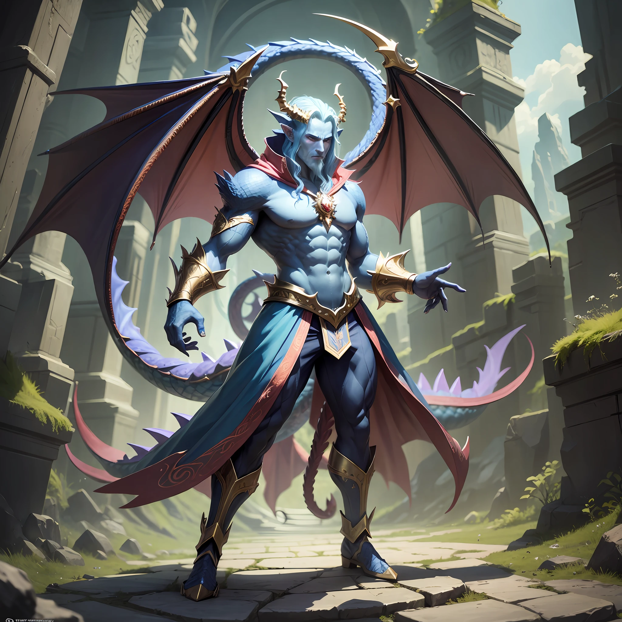 Wizard man with dragon aspects maintaining the form of man but having tail scales and dragon eyes --auto --s2