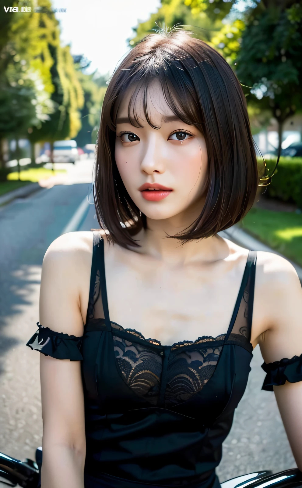 Girl is sitting on a motorcycle, in sexy lingerie (vertical challenge), full body, (best quality: 1.0), (ultra high definition: 1.0), (beautiful girl: 1.4), black hair bob cut, (masterpiece), (photorealistic: 1.3), ultra detail, (high skin detail: 1.2), (best quality: 1.0), (ultra high definition: 1.0), (masterpiece), ( Photorealistic: 1.3), Super Detail, (High Skin Detail: 1.2), (Best: 1.0), (Super Slim: 1.0), (Delicate Face)