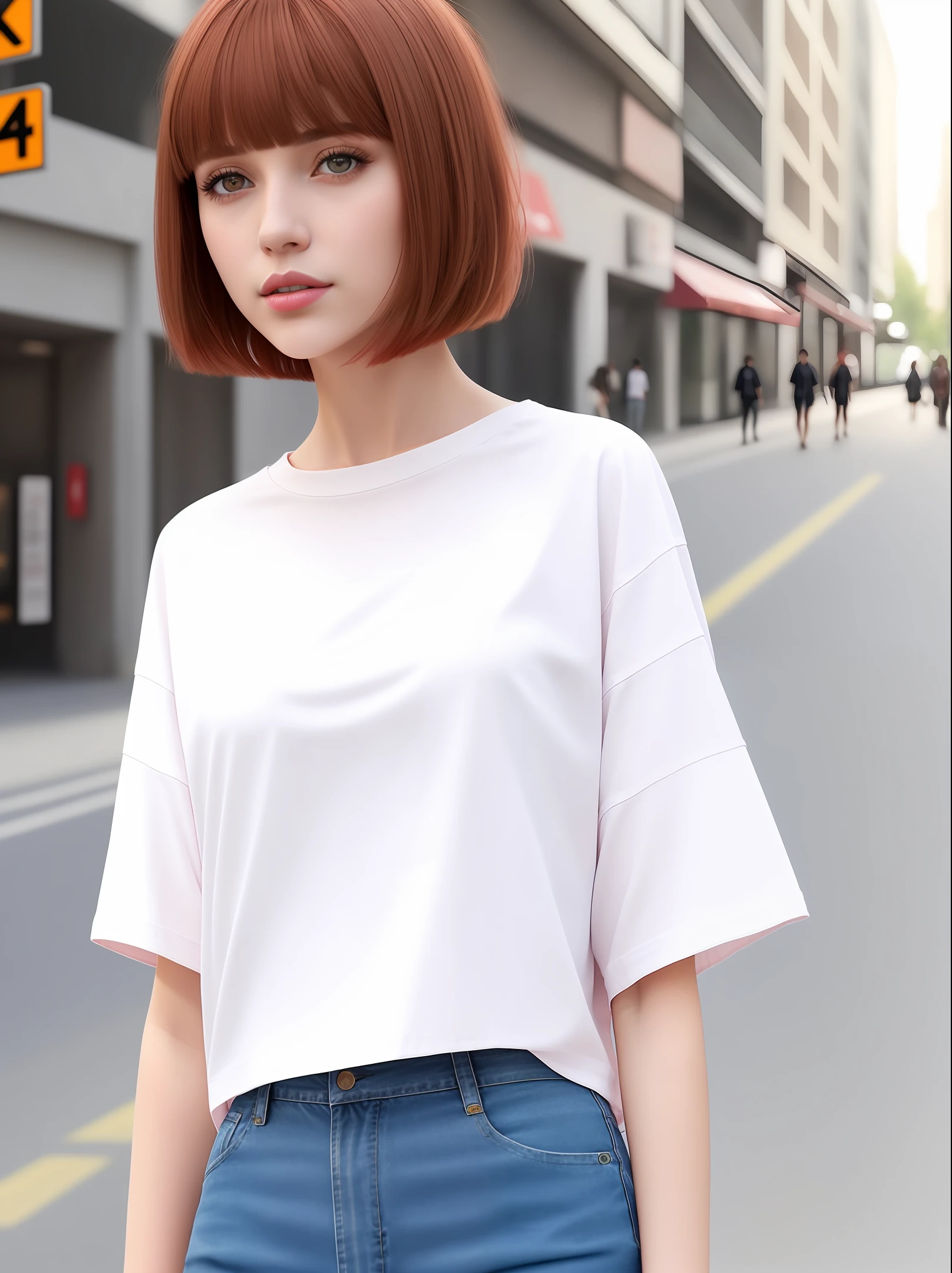 best quality, (photorealistic:1.2),portrait, beautiful womam, brown eyes, bangs, bob cut, short medium red hair, pink lip mouth, wearing off oversize white t-shirt, black pants, small breast, street style, 4k, realistic, looking viewer