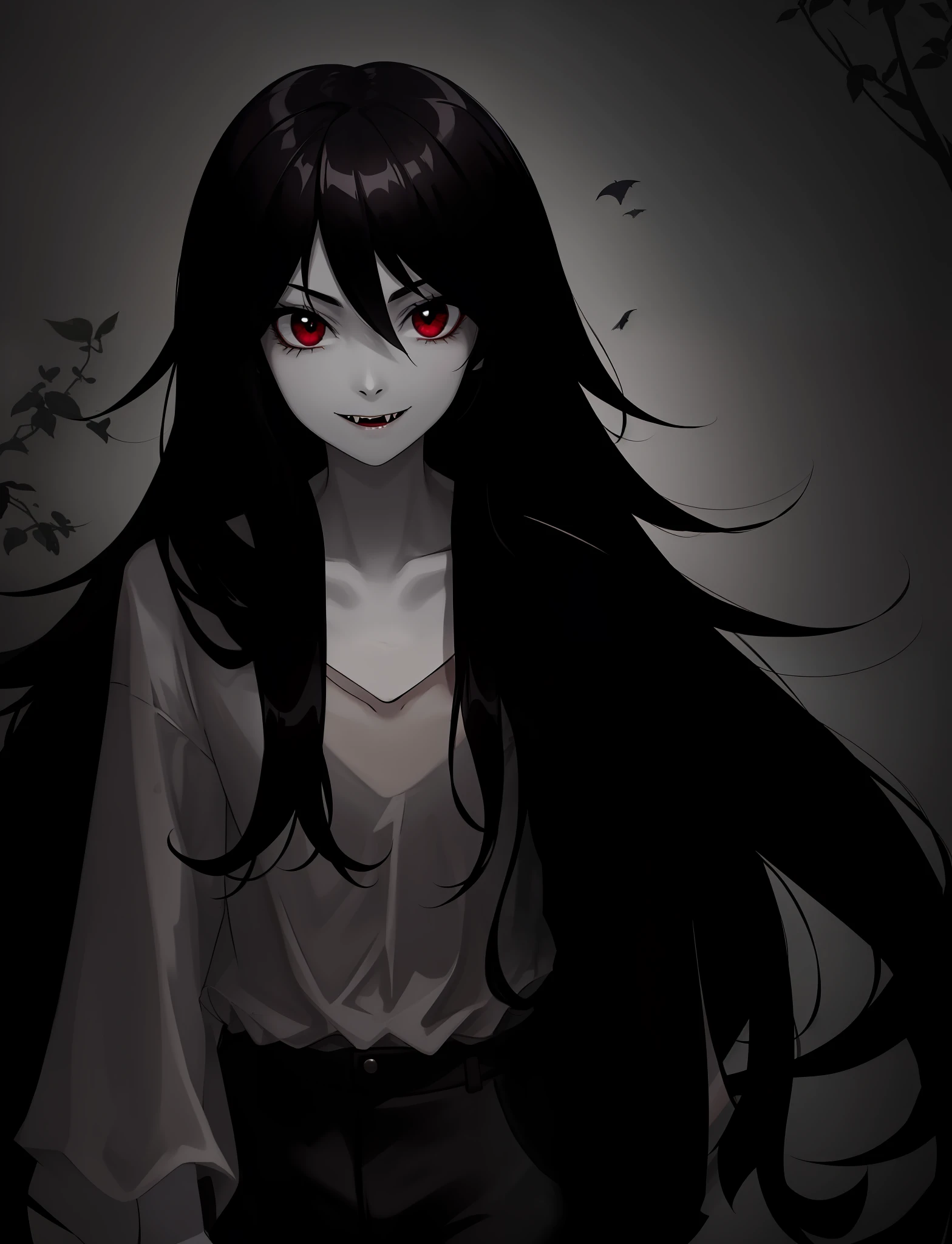 beautiful, masterpiece, best quality, 1girl,
marceline abadeer, black hair, clothed, clothing, fangs, grey body, grey skin, hair, long hair, looking at viewer, plant, solo, teeth, vampire, adventure time, a-