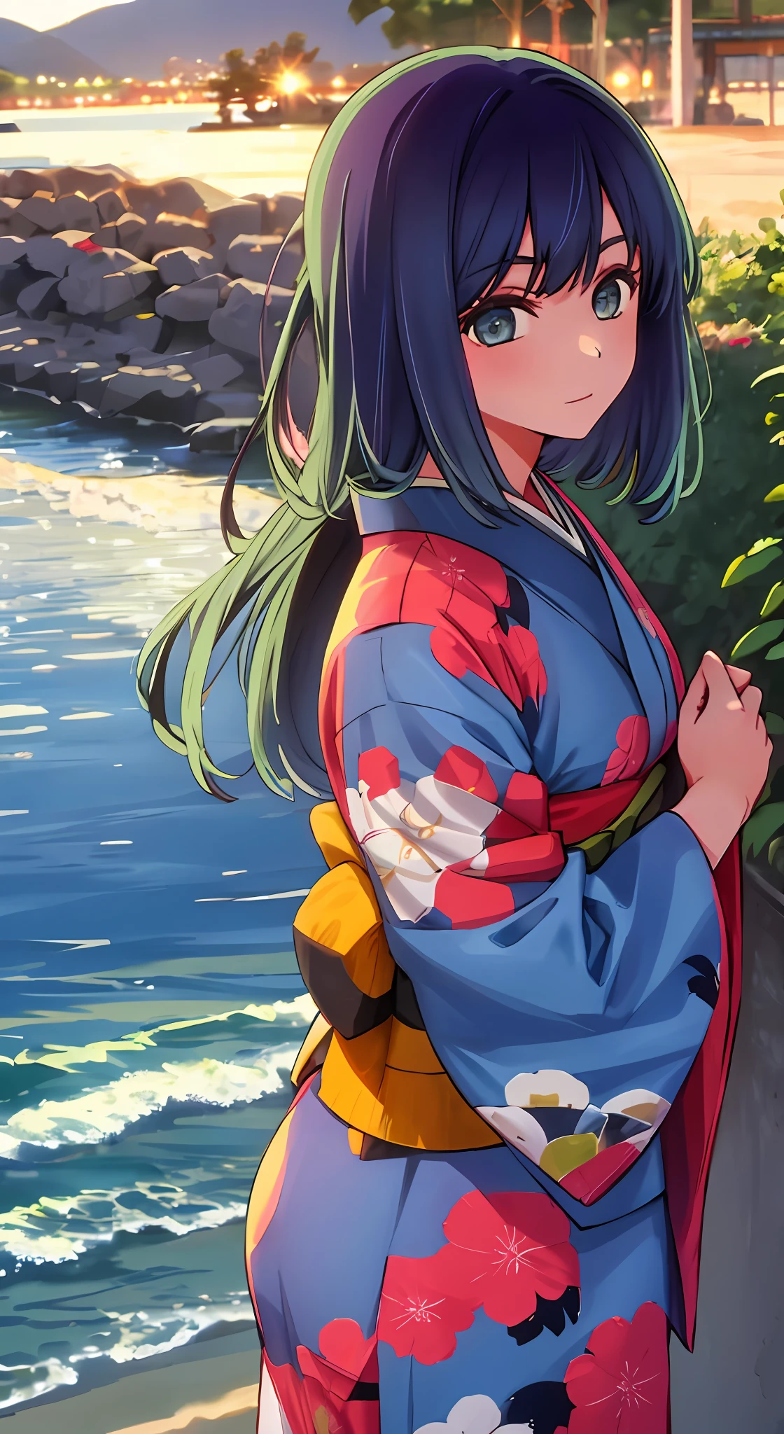 1girl, solo, kimono, bangs,happy,posing, multicolored hair, beach background, (masterpiece:1.2), highres, best quality, 8k, sunset beach background